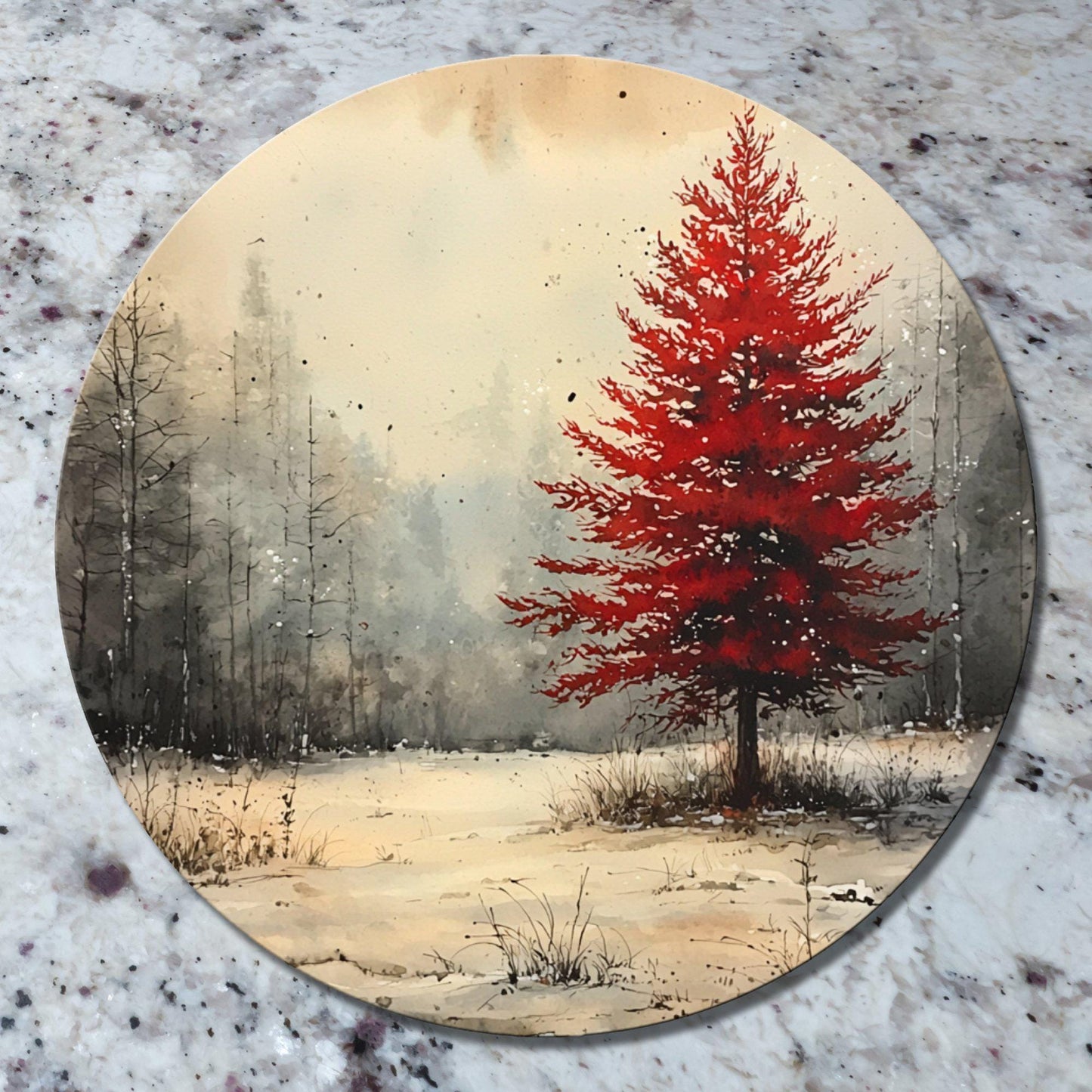 Red Christmas Tree Glass Cutting Board 8-inch Round Trivet Charcuterie Board Gift for Her Mom Kitchen Decor