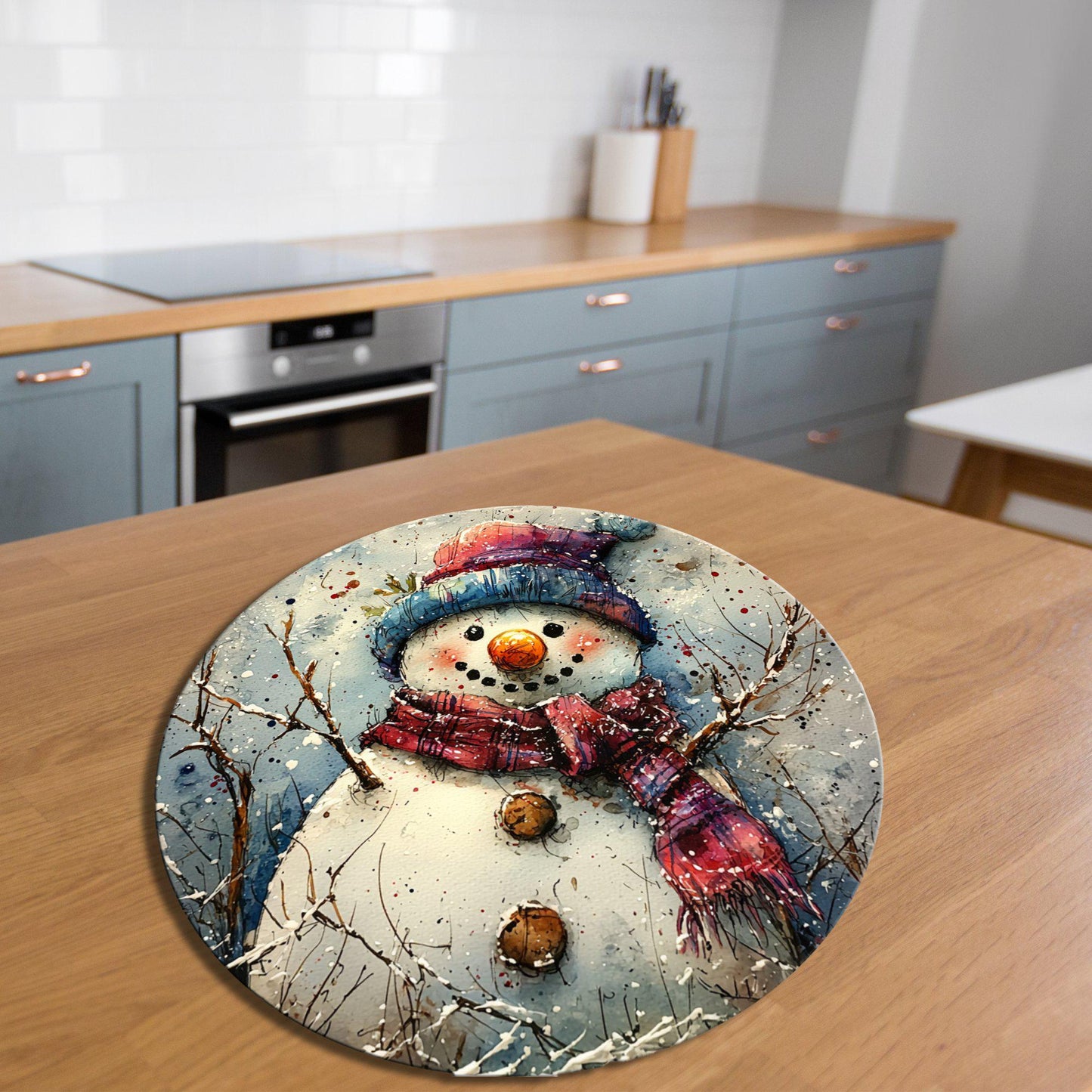 Snow Man Glass Cutting Board 8-inch Round Trivet Charcuterie Board Gift for Her Mom Kitchen Decor