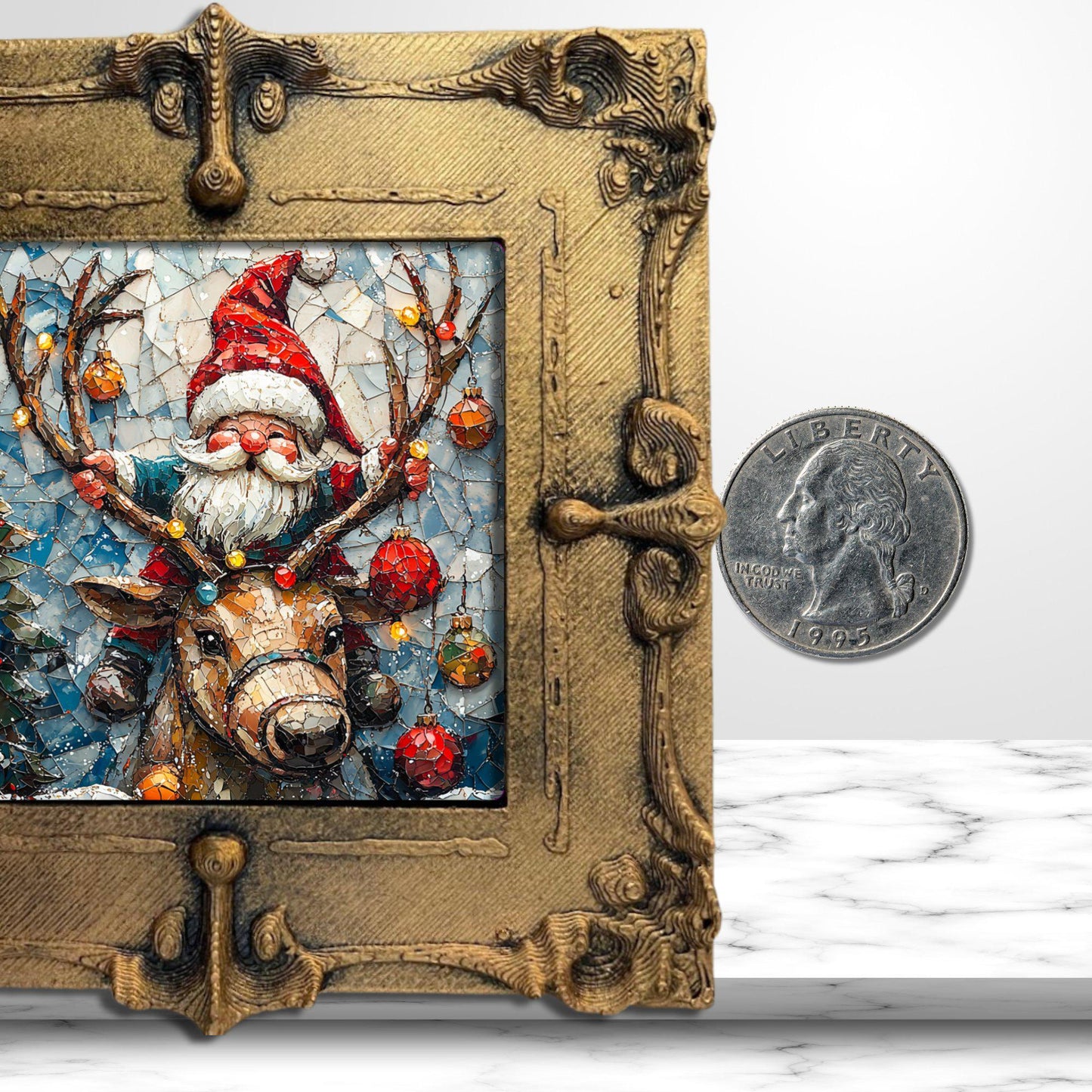 Christmas Gnome on Reindeer Tiny Art Fridge Magnet Gold Framed Fridgescaping Art Picture Gallery Tiny Art Gift for Her Wife Mom