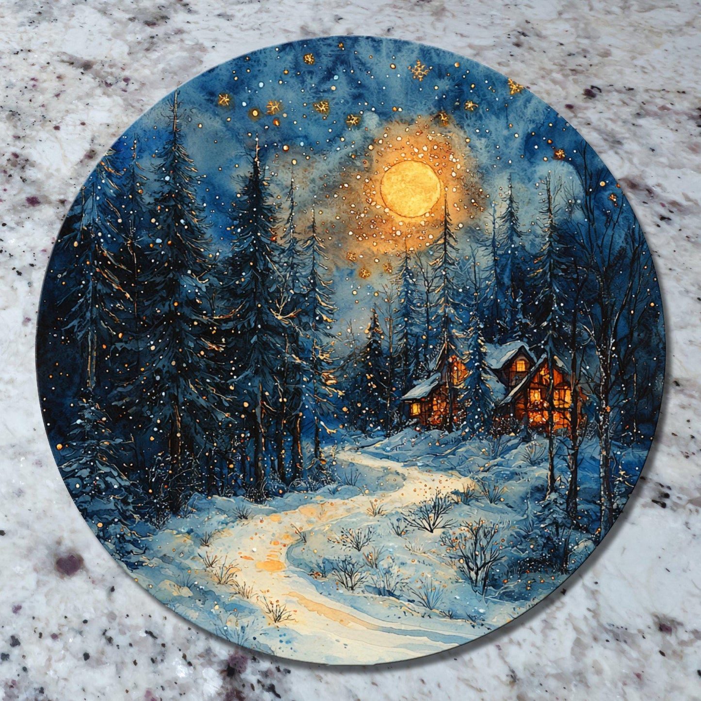 Cozy Christmas Cabin Glass Cutting Board 8-inch Round Trivet Charcuterie Board Gift for Her Mom Kitchen Decor