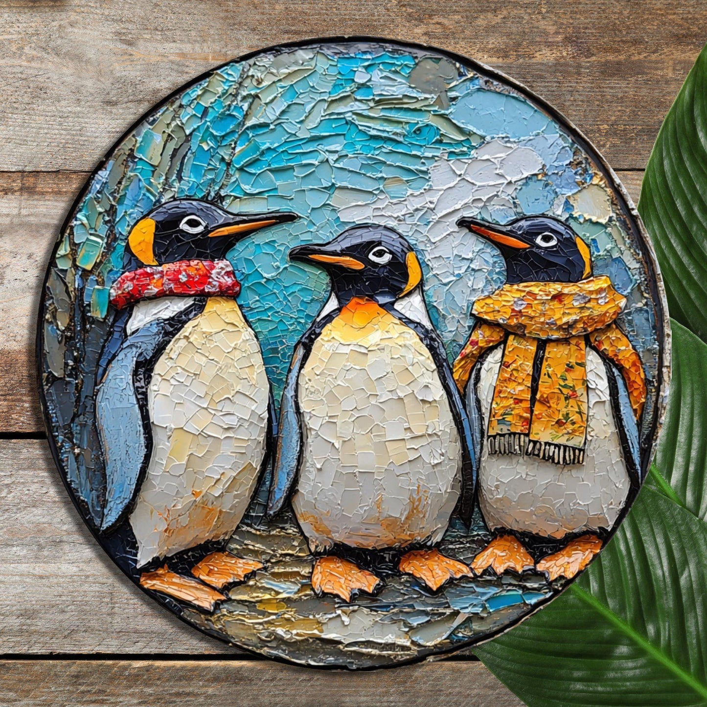 Penguins Ready for Christmas Glass Cutting Board 8-inch Round Trivet Charcuterie Board Gift for Her Mom Kitchen Decor