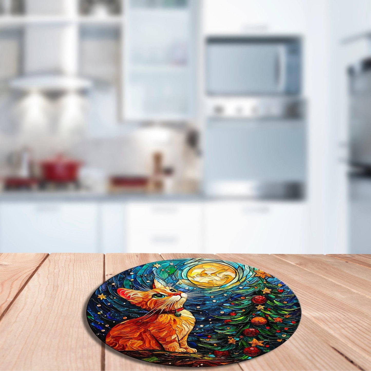 Kitten and Christmas Tree Glass Cutting Board 8-inch Round Trivet Charcuterie Board Gift for Her Mom Kitchen Decor