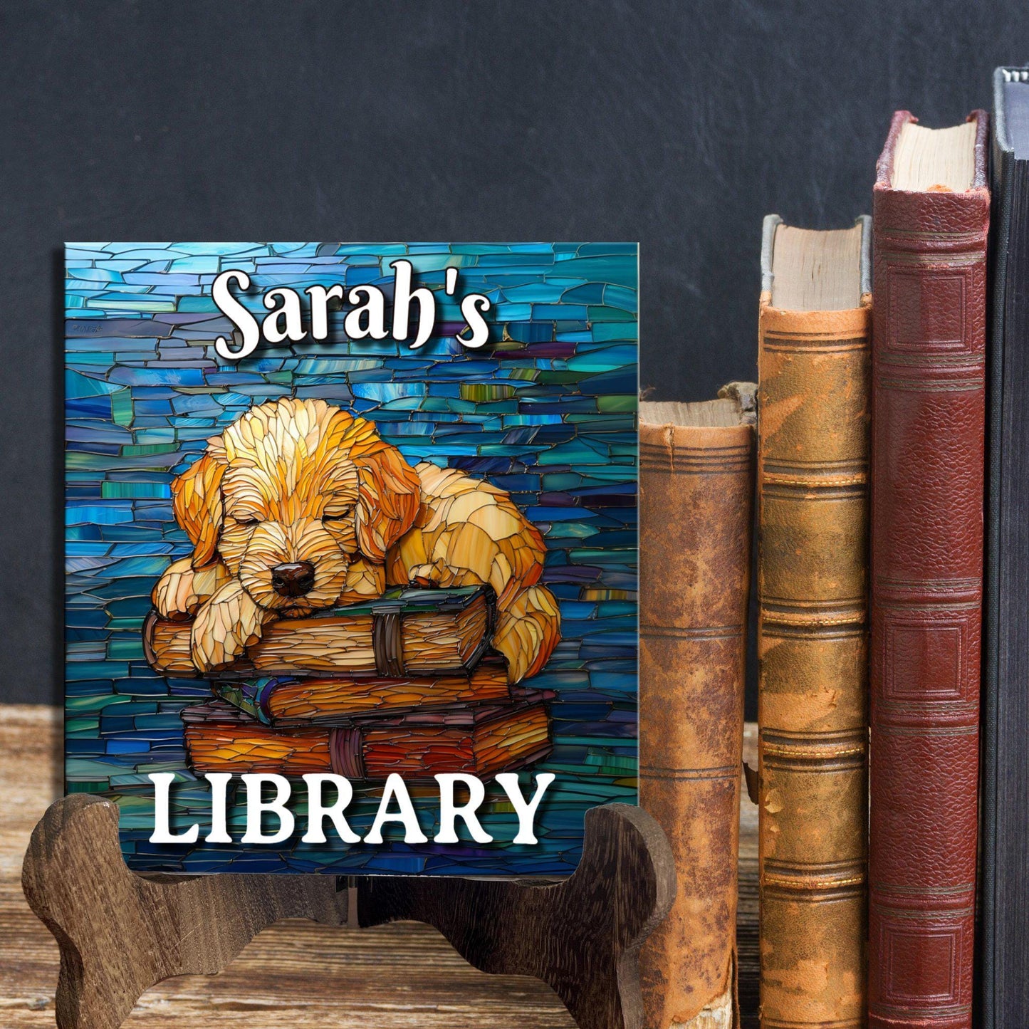 Puppy Sleeping Personalized Library Sign Book Lover Bookworm Biblio Gift Book Nook Shelf Decor Booktoker-Gift for Bookish