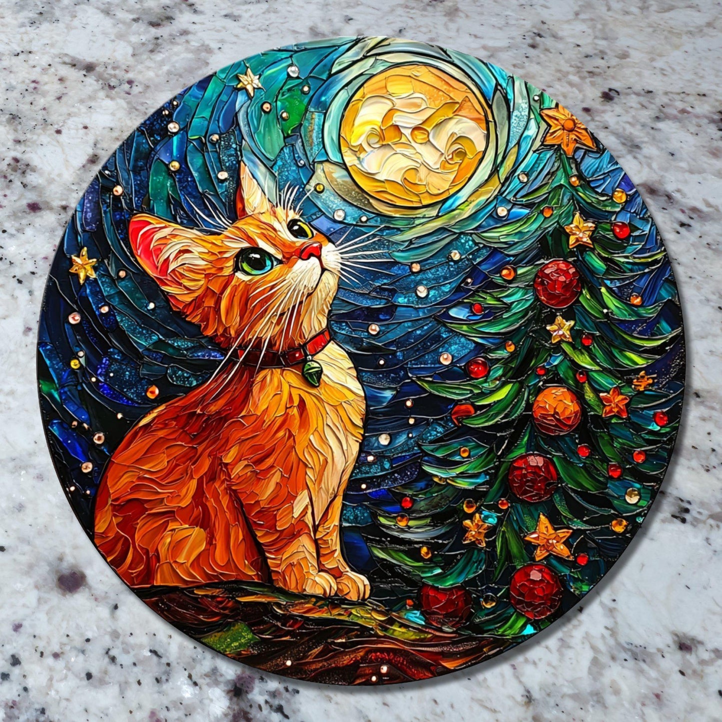 Kitten and Christmas Tree Glass Cutting Board 8-inch Round Trivet Charcuterie Board Gift for Her Mom Kitchen Decor