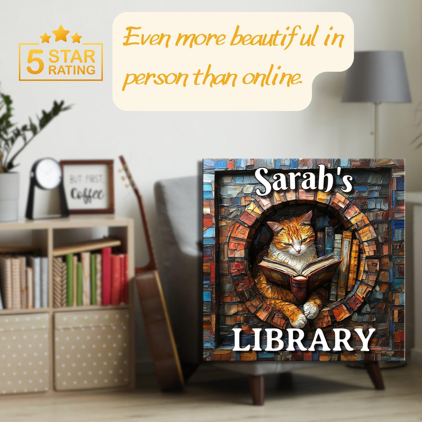 Cat Reading Personalized Library Sign Bookful Catful Petful Cat Lover Reader Gift