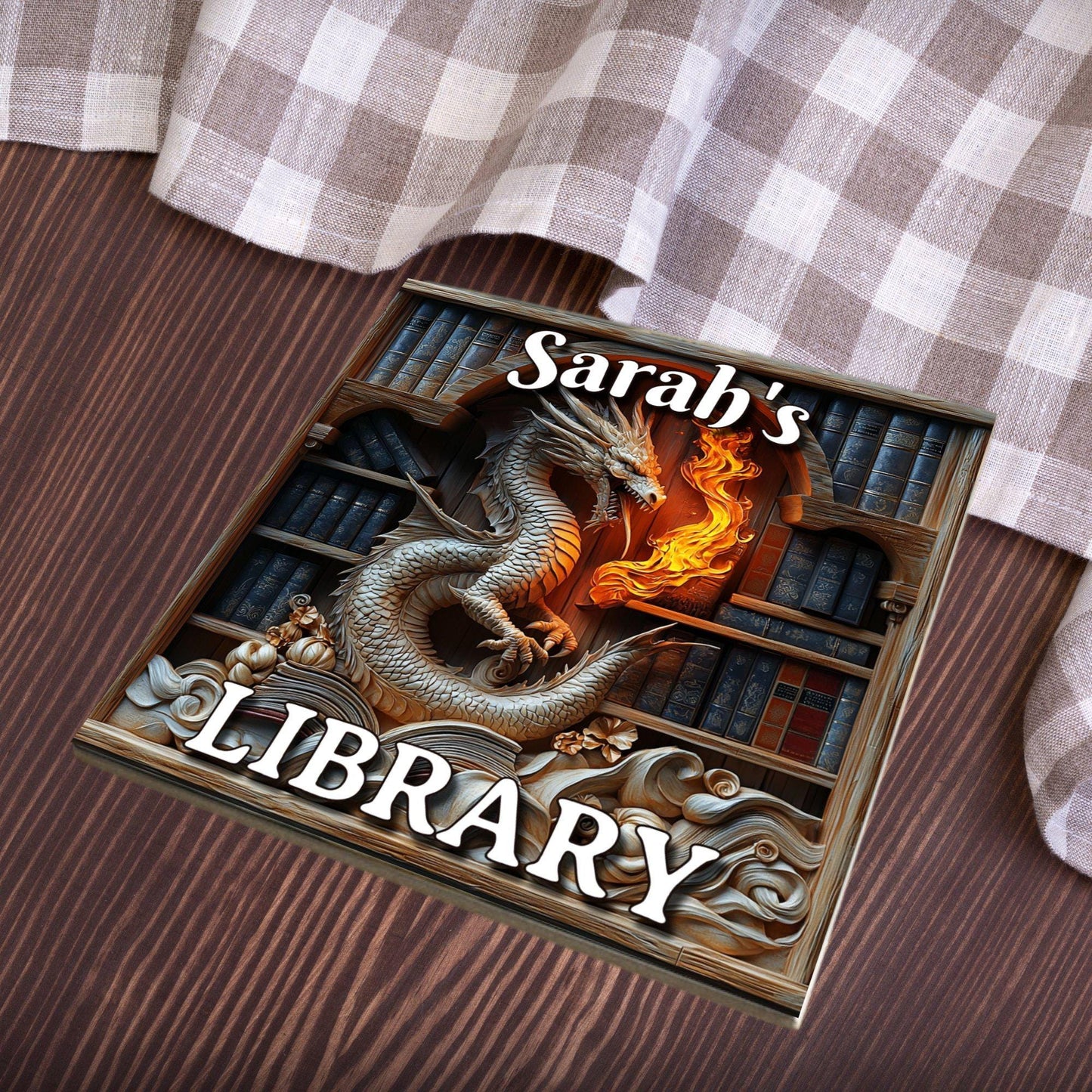 White Fiery Dragon Personalized Library Sign Fire Breathing Dragon Bookshelf Decor