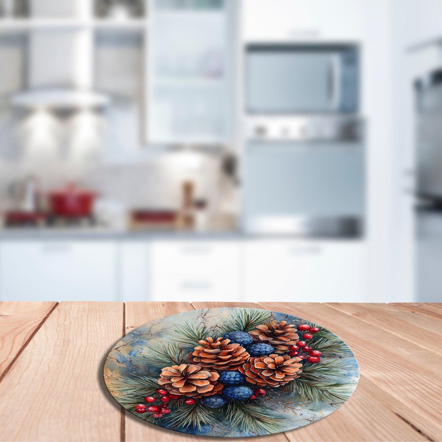 Pinecones Berries Glass Cutting Board 8-inch Round Trivet Charcuterie Board Gift for Her Mom Kitchen Decor