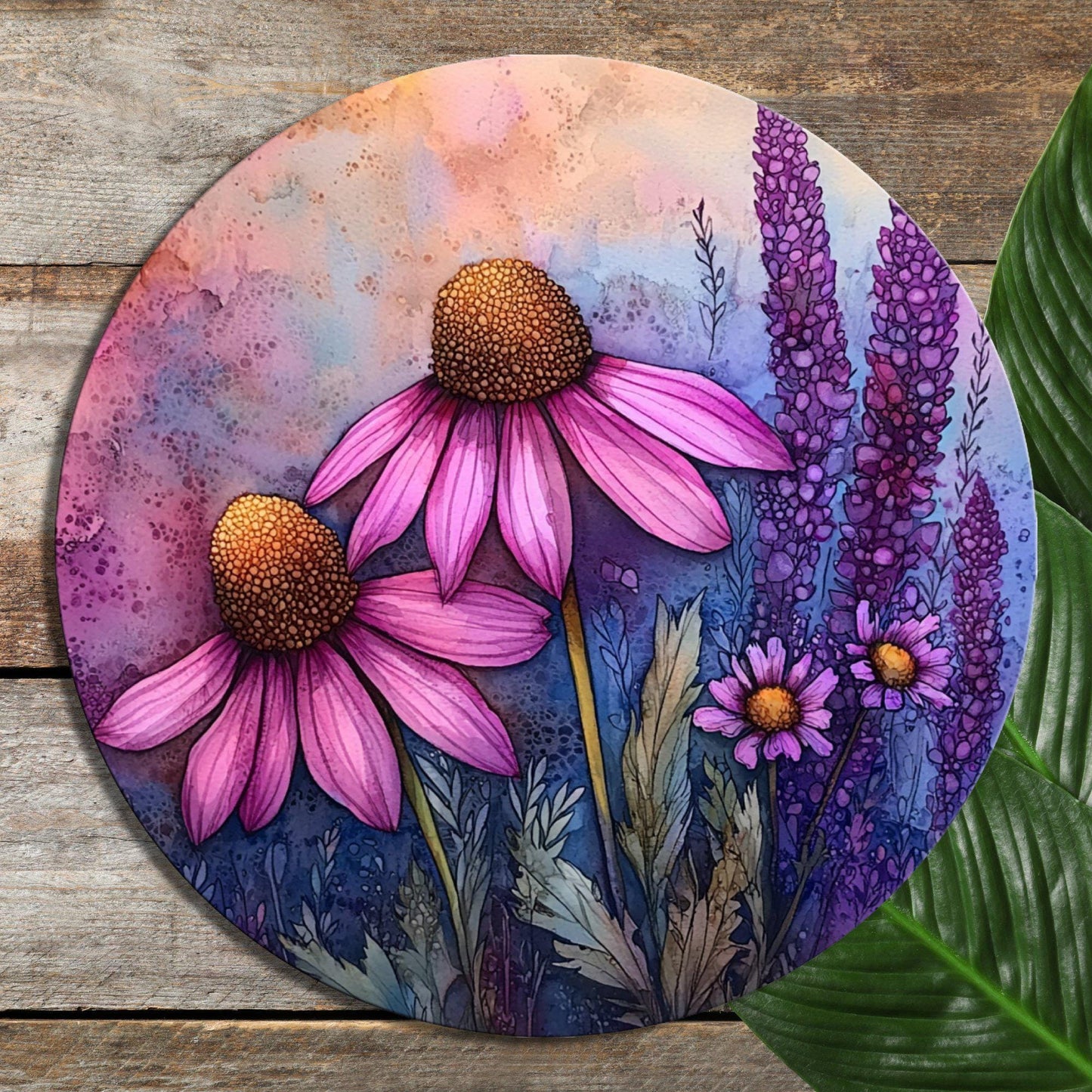 Cone Flower Glass Cutting Board 8-inch Round Trivet Charcuterie Board Gift for Her Mom Kitchen Decor