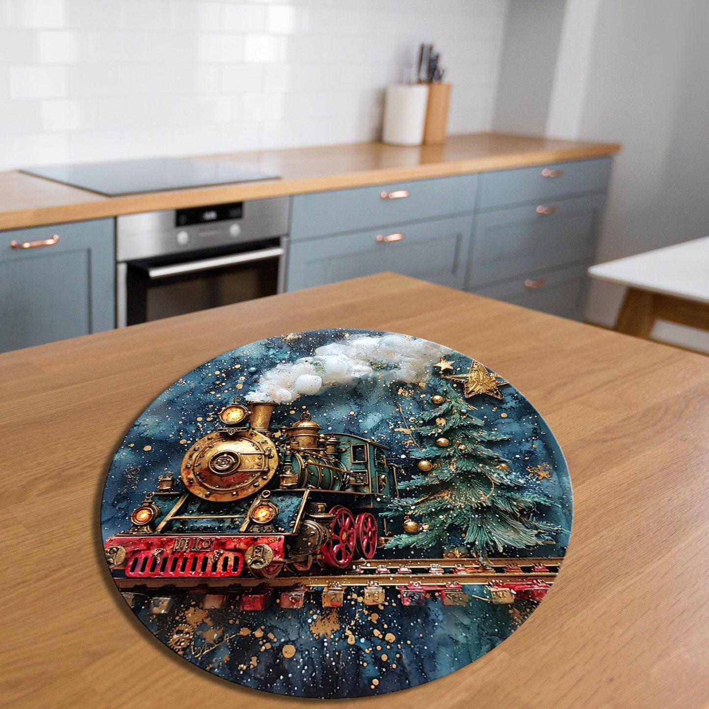 Old Fashioned Christmas Train Glass Cutting Board 8-inch Round Trivet Charcuterie Board Gift for Her Mom Kitchen Decor