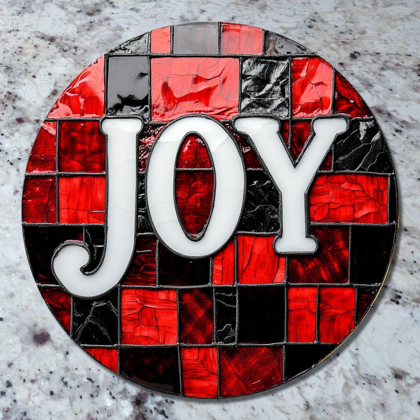 Joy on Red and Black Glass Cutting Board 8-inch Round Trivet Charcuterie Board Gift for Her Mom Kitchen Decor