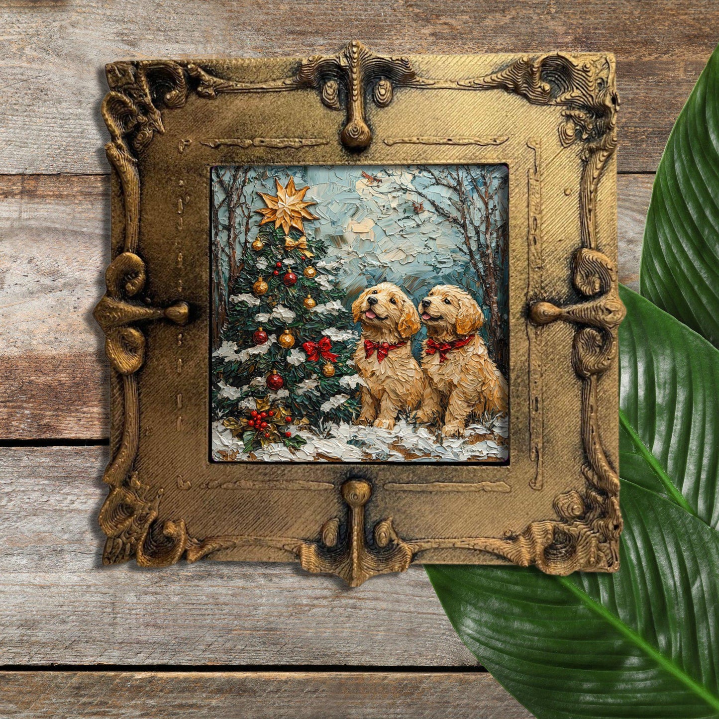 Puppy Christmas Tree Tiny Art Fridge Magnet Gold Framed Fridgescaping Art Picture Gallery Tiny Art Gift for Her Wife Mom