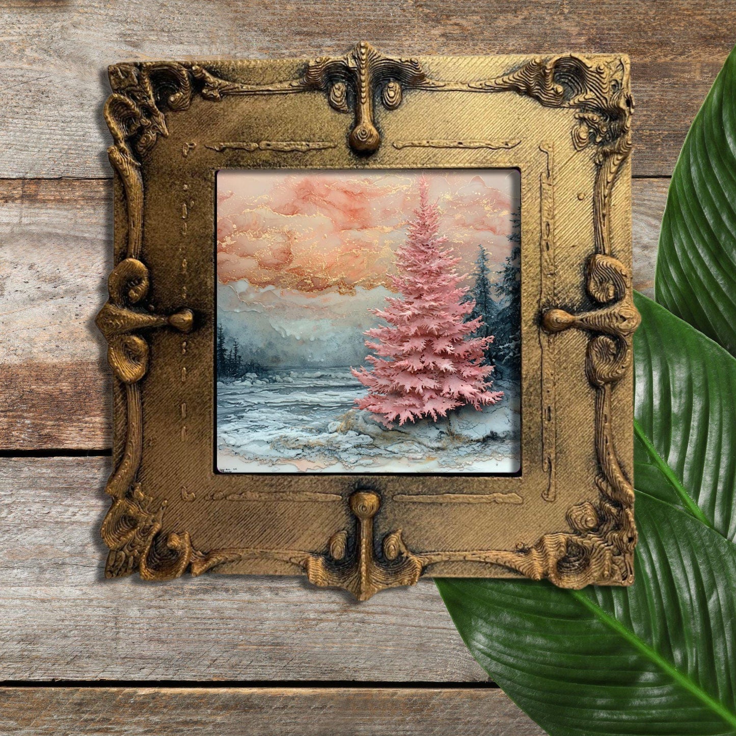 Pink Christmas Tree Gold Framed Refrigerator Magnet, Mini Art, Grand Millennial Style, Artful Kitchen Decor, Gift for Her fridgescaping