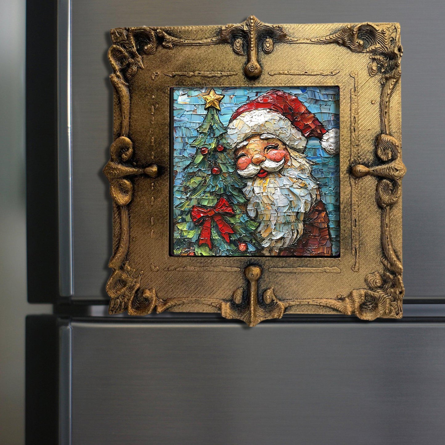 Rosy Cheek Vintage Santa Tiny Art Fridge Magnet Gold Framed Fridgescaping Art Picture Gallery Tiny Art Gift for Her Wife Mom