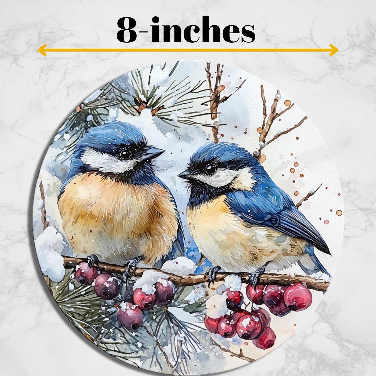 Bluebirds in Winter Glass Cutting Board 8-inch Round Trivet Charcuterie Board Gift for Her Mom Kitchen Decor