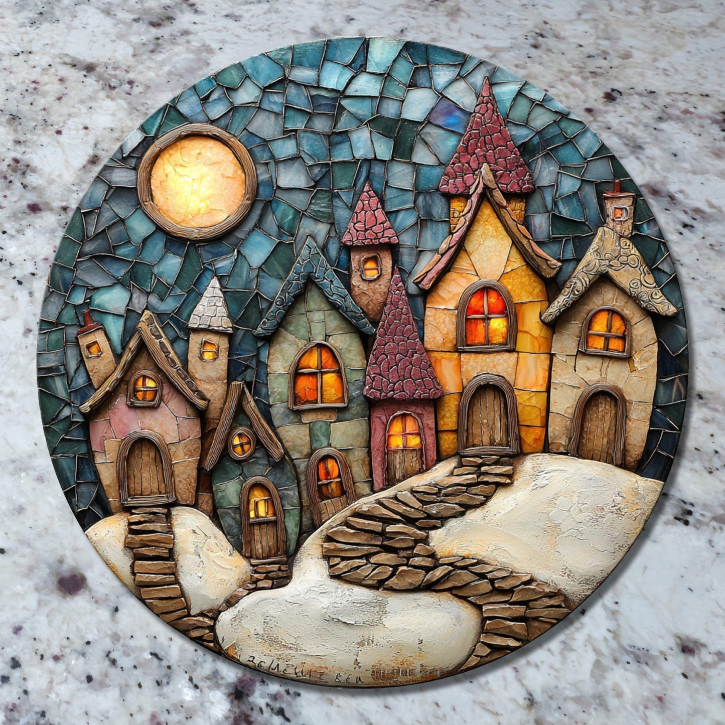 Christmas Village Glass Cutting Board 8-inch Round Trivet Charcuterie Board Gift for Her Mom Kitchen Decor