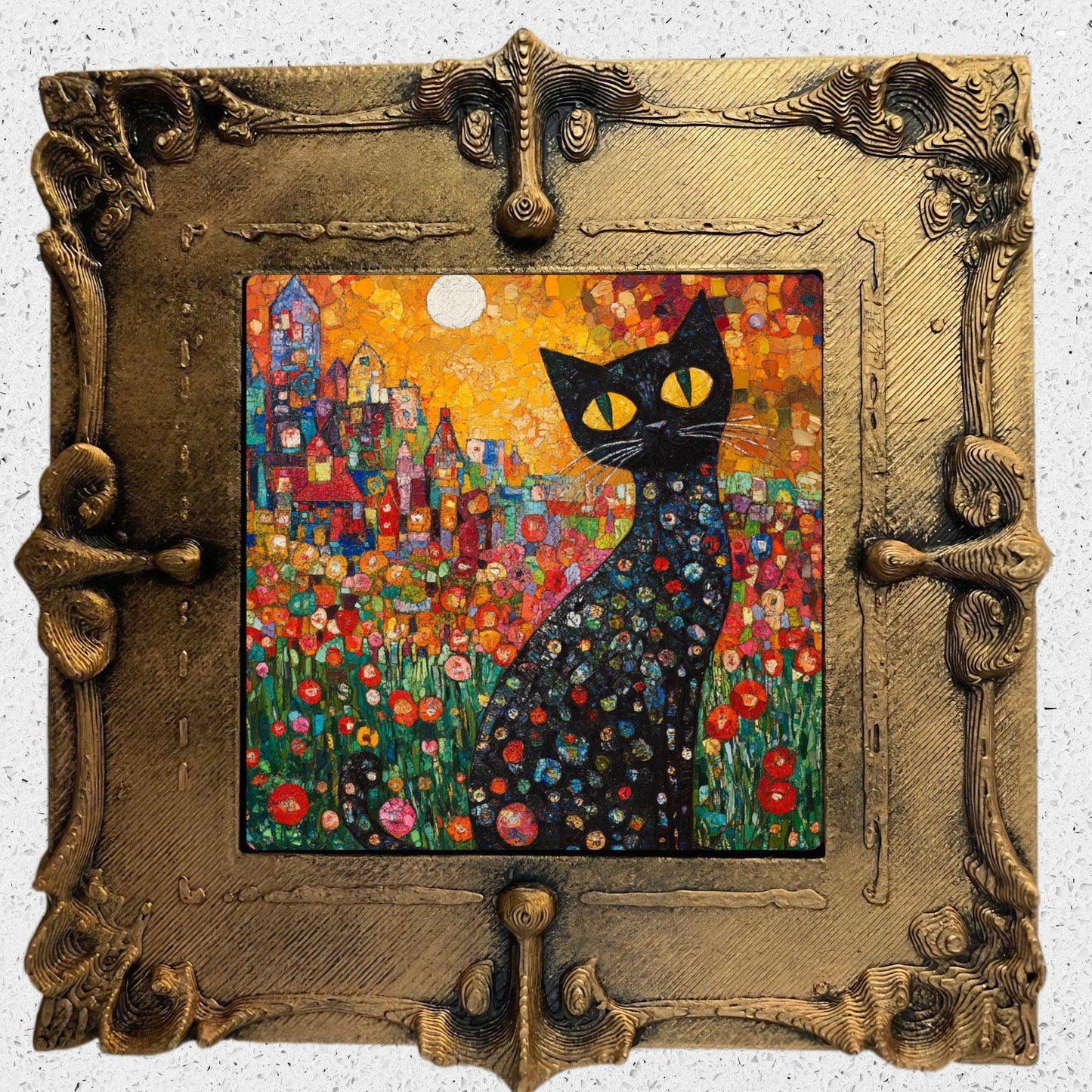 Garden Cat Klimt Style Gold Framed Refrigerator Magnet, Mini Art, Grand Millennial Style, Artful Kitchen Decor, Gift for Her fridgescaping