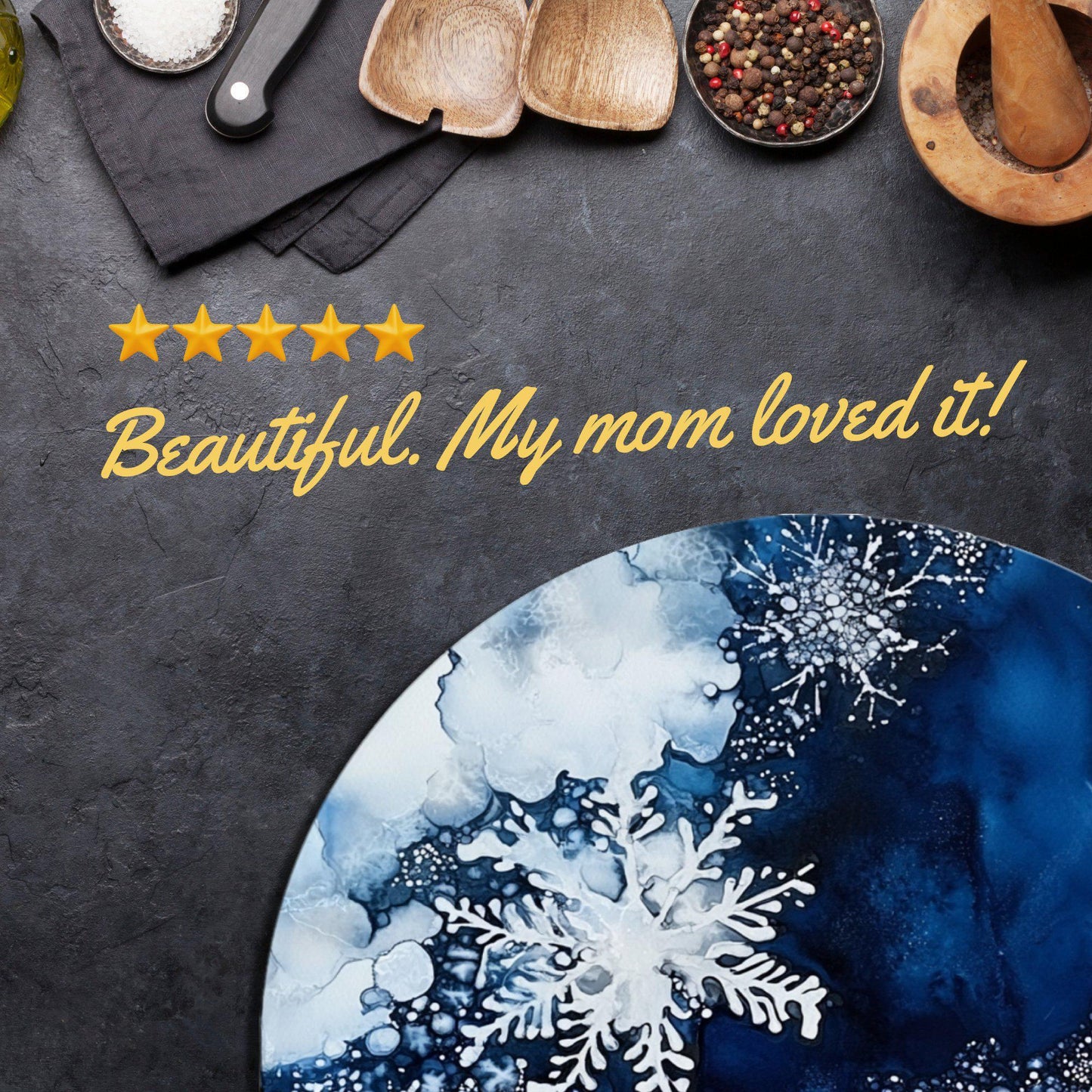 Snowflakes on Deep Blue Glass Cutting Board 8-inch Round Trivet Charcuterie Board Gift for Her Mom Kitchen Decor