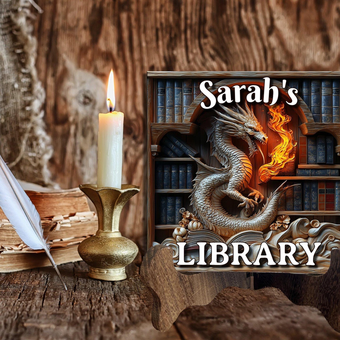 White Fiery Dragon Personalized Library Sign Fire Breathing Dragon Bookshelf Decor