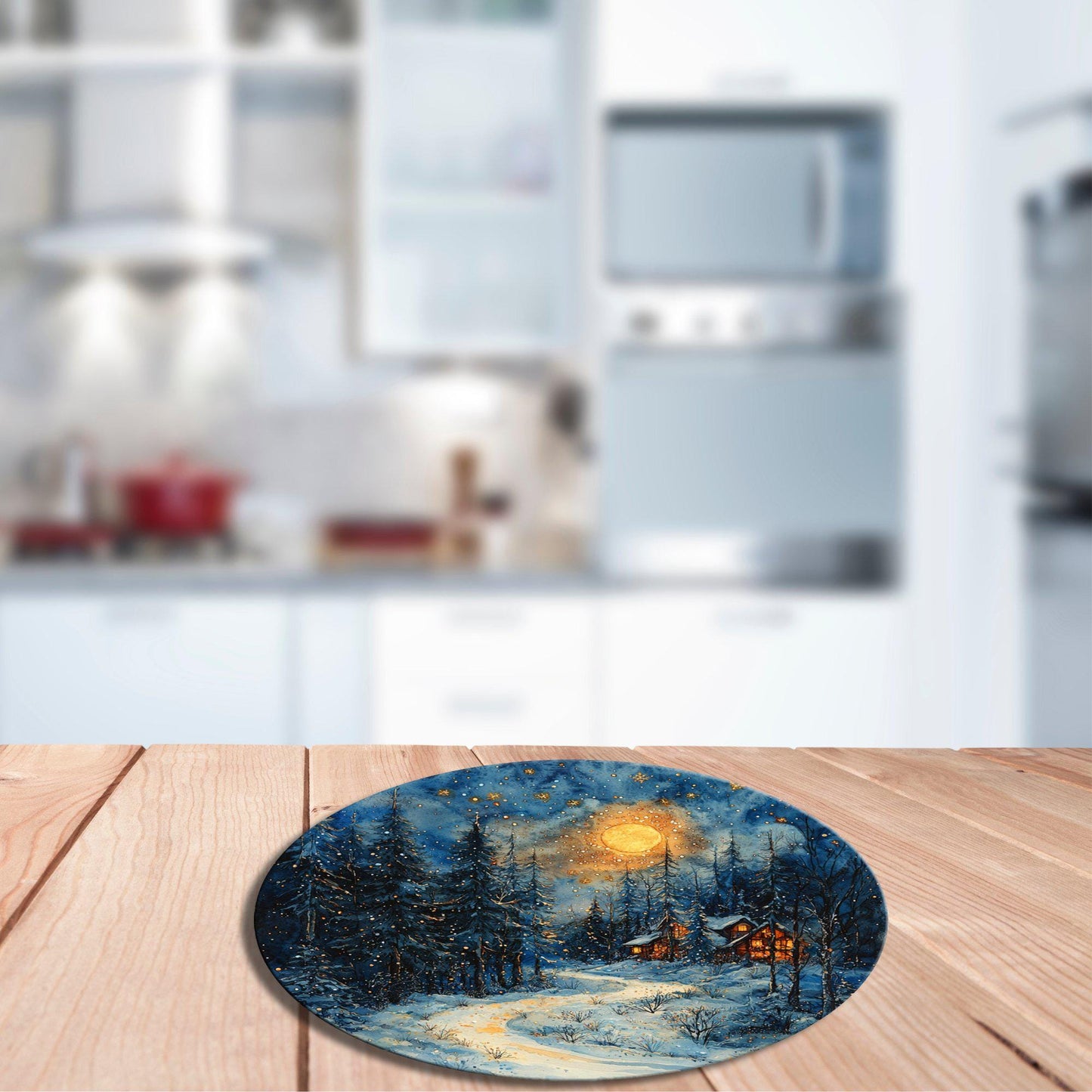 Cozy Christmas Cabin Glass Cutting Board 8-inch Round Trivet Charcuterie Board Gift for Her Mom Kitchen Decor