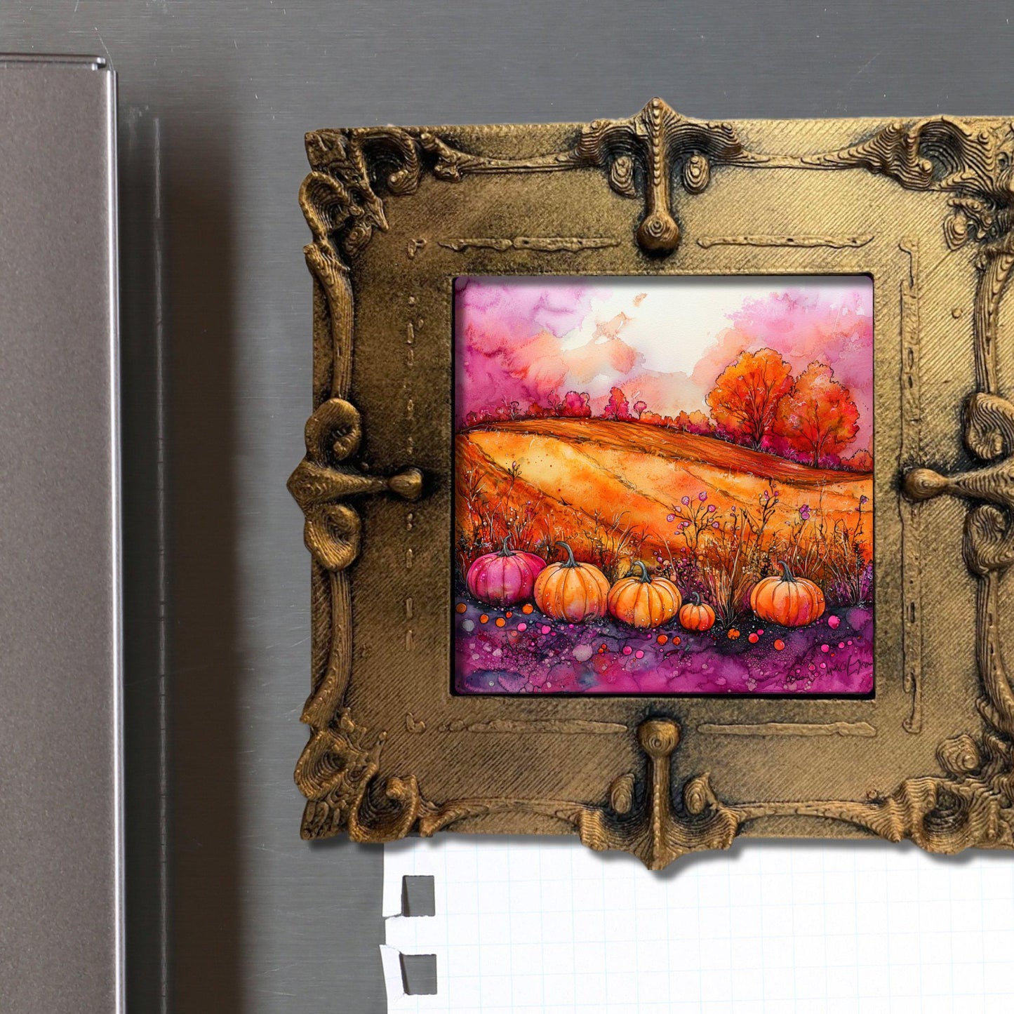 Pumpkins Pink and Orange Gold Framed Refrigerator Magnet, Mini Art, Grand Millennial Style, Artful Kitchen Decor, Gift for Her fridgescaping