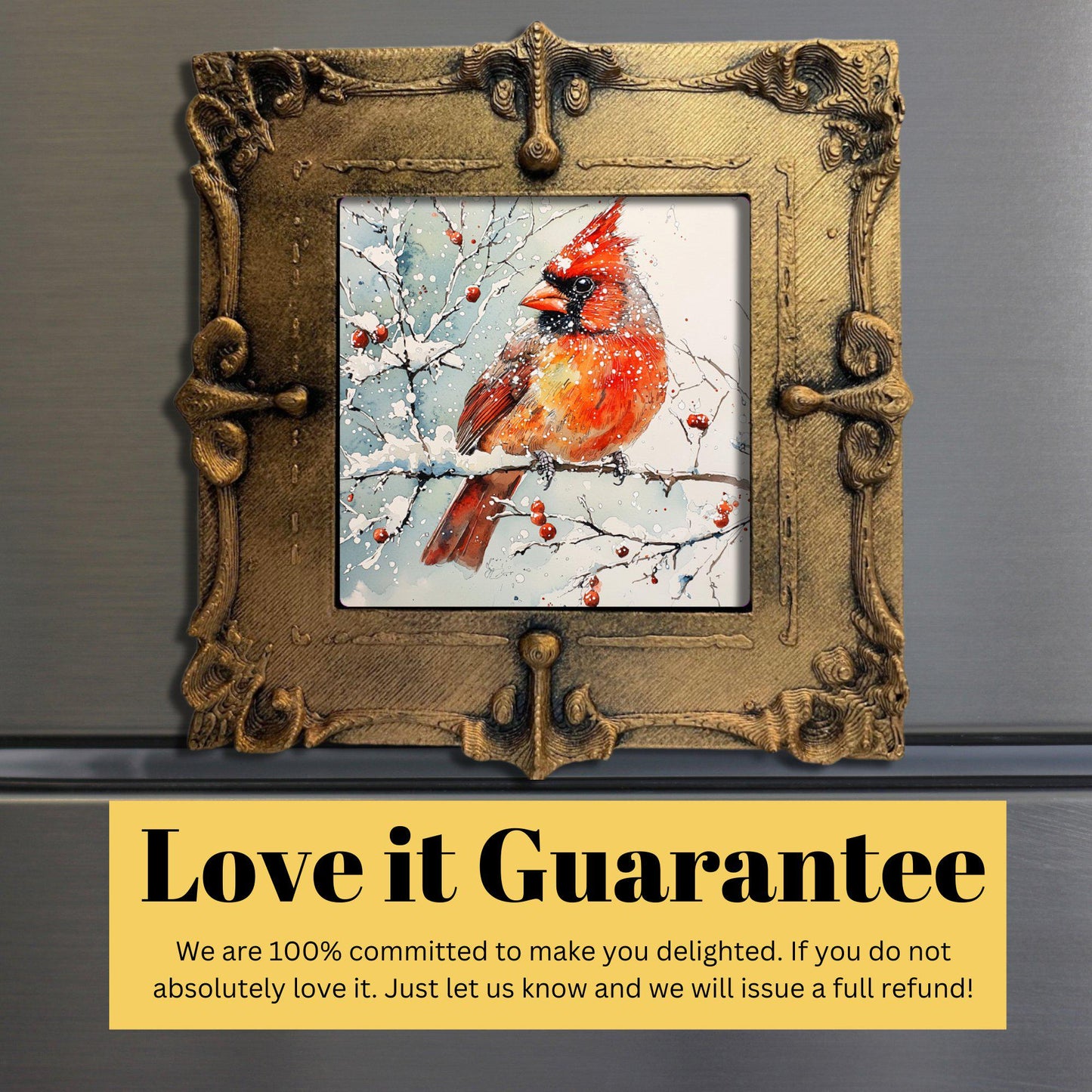 Wintery Cardinal Scene Tiny Art Fridge Magnet Gold Framed Fridgescaping Art Picture Gallery Tiny Art Gift for Her Wife Mom