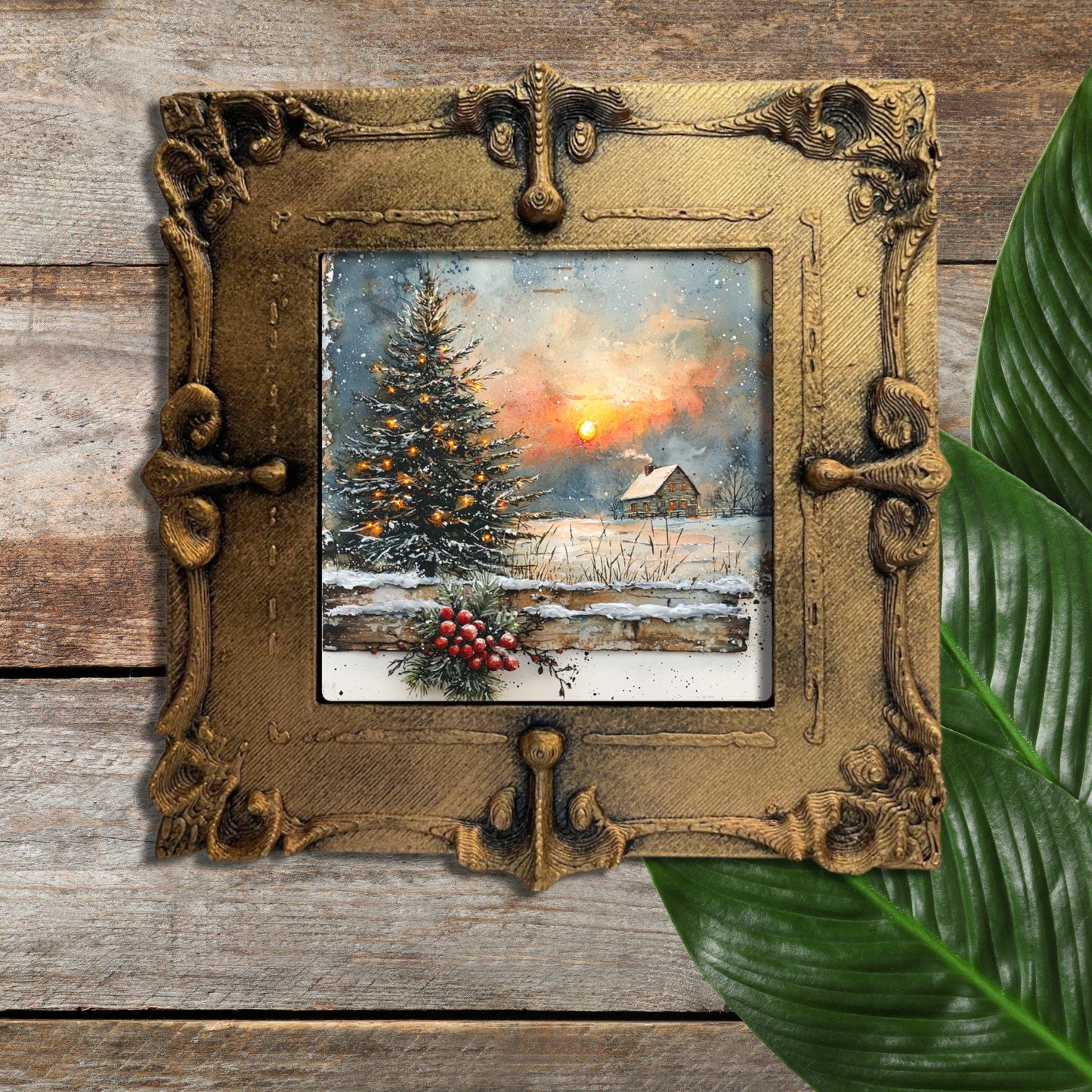 Rustic Farmhouse Christmas Tiny Art Fridge Magnet Gold Framed Fridgescaping Art Picture Gallery Tiny Art Gift for Her Wife Mom