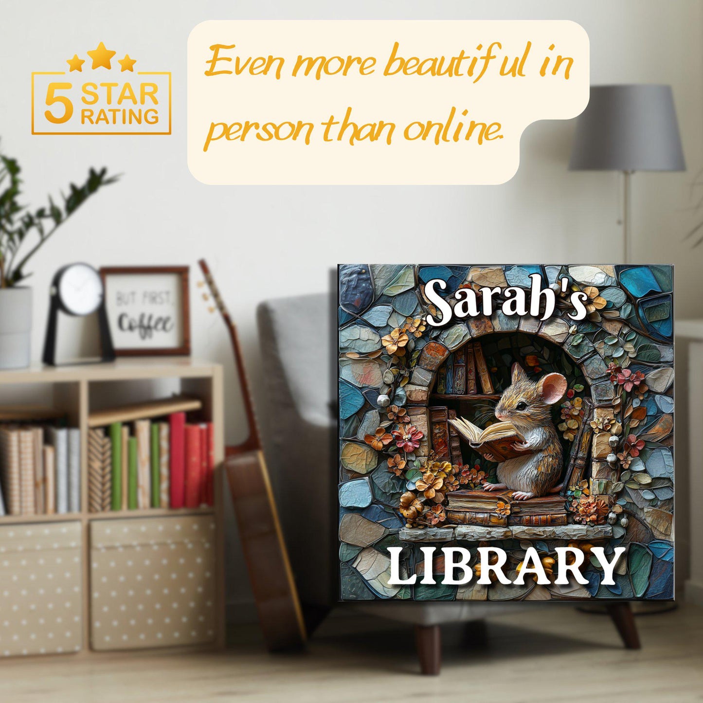 Mouse Reading Personalized Library Sign Book Lover Bookworm Biblio Gift Book Nook Shelf Decor Booktoker-Gift for Bookish