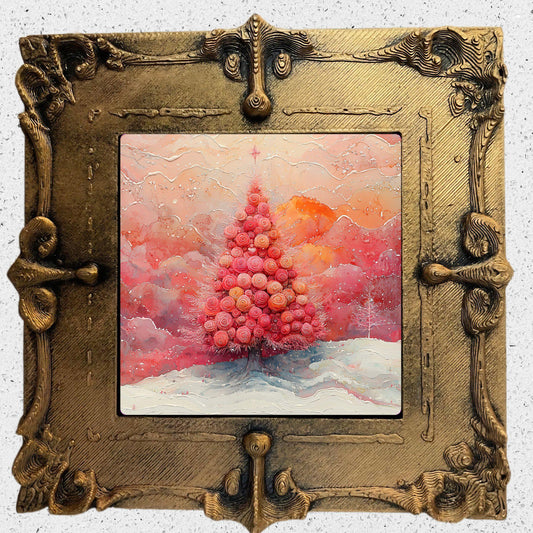 Pink Floral Christmas Tree Gold Framed Refrigerator Magnet, Mini Art, Grand Millennial Style, Artful Kitchen Decor, Gift for Her