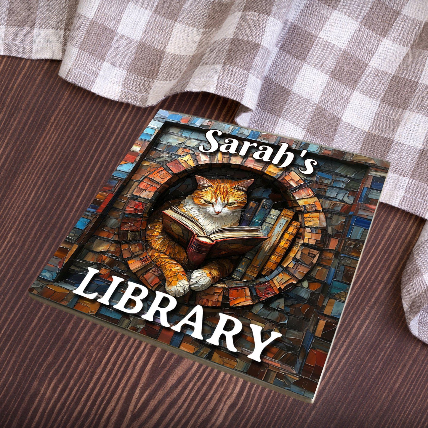 Cat Reading Personalized Library Sign Bookful Catful Petful Cat Lover Reader Gift