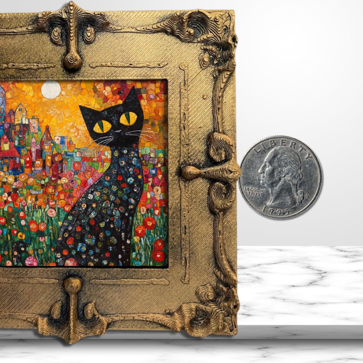 Garden Cat Klimt Style Gold Framed Refrigerator Magnet, Mini Art, Grand Millennial Style, Artful Kitchen Decor, Gift for Her fridgescaping