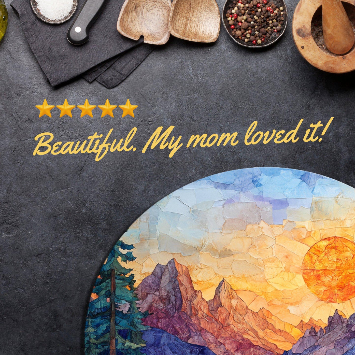 Rocky Mountain Sunrise Glass Cutting Board 8-inch Round Trivet Charcuterie Board Gift for Her Mom Kitchen Decor