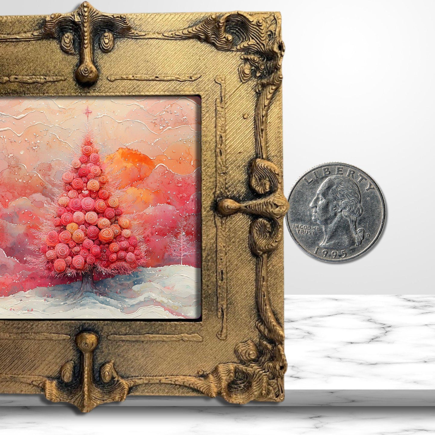 Pink Floral Christmas Tree Gold Framed Refrigerator Magnet, Mini Art, Grand Millennial Style, Artful Kitchen Decor, Gift for Her