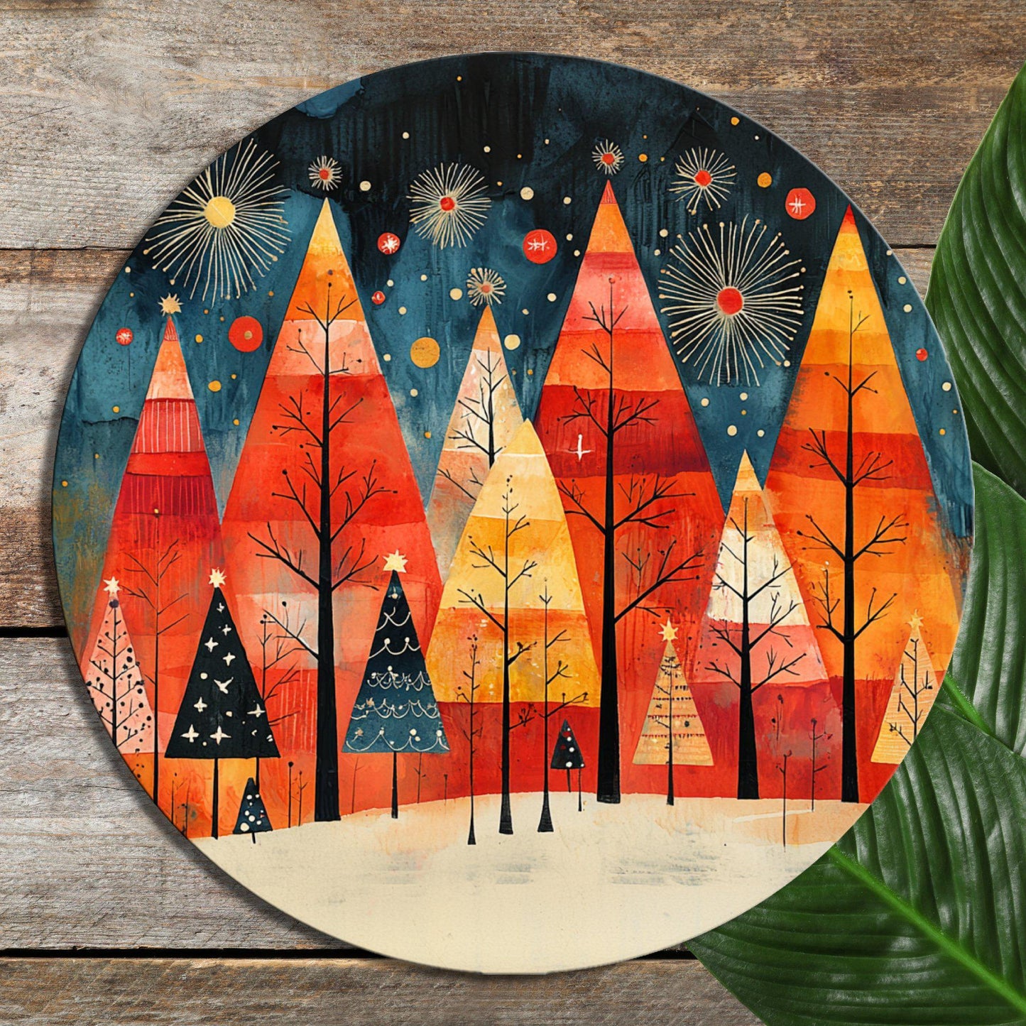 Scandinavian Christmas Trees Glass Cutting Board 8-inch Round Trivet Charcuterie Board Gift for Her Mom Kitchen Decor