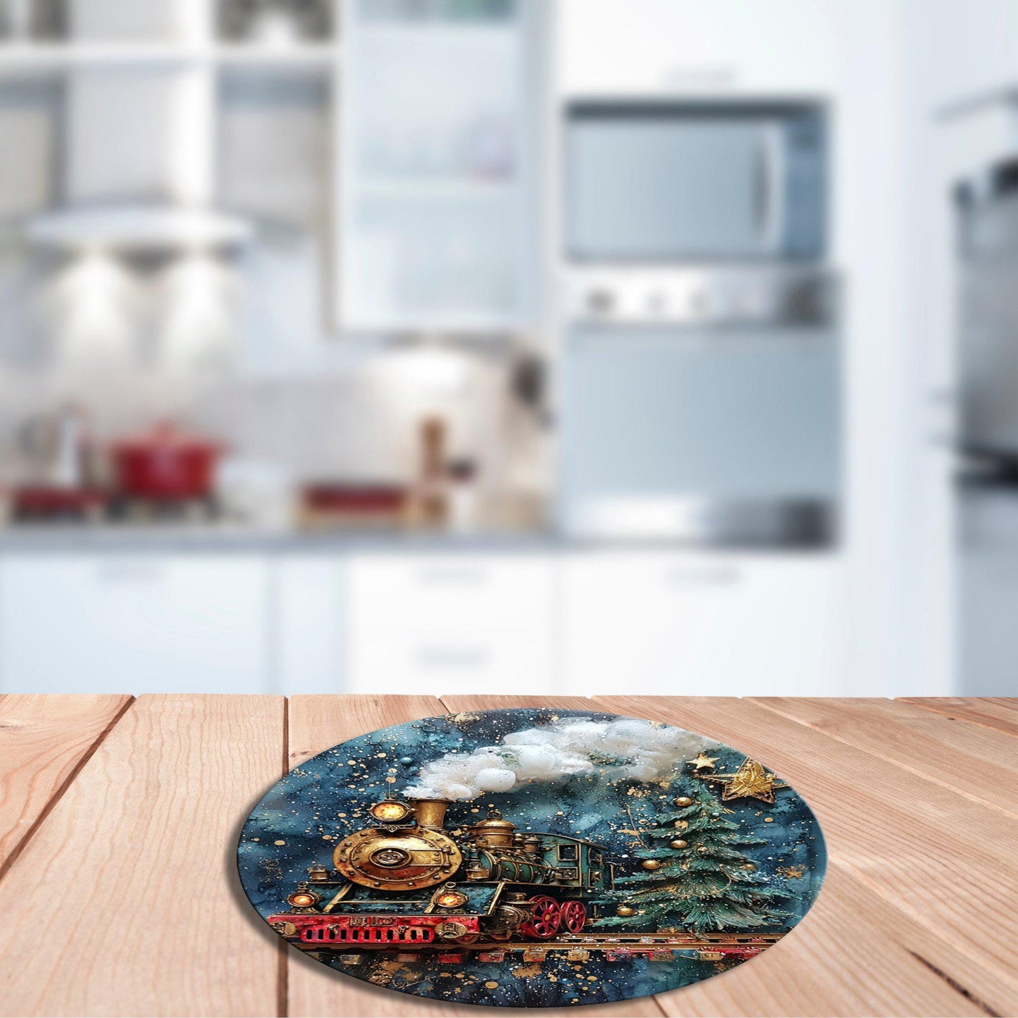 Old Fashioned Christmas Train Glass Cutting Board 8-inch Round Trivet Charcuterie Board Gift for Her Mom Kitchen Decor