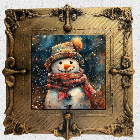 Vintage Snowman Gold Framed Refrigerator Magnet, Mini Art, Grand Millennial Style, Artful Kitchen Decor, Gift for Her fridgescaping