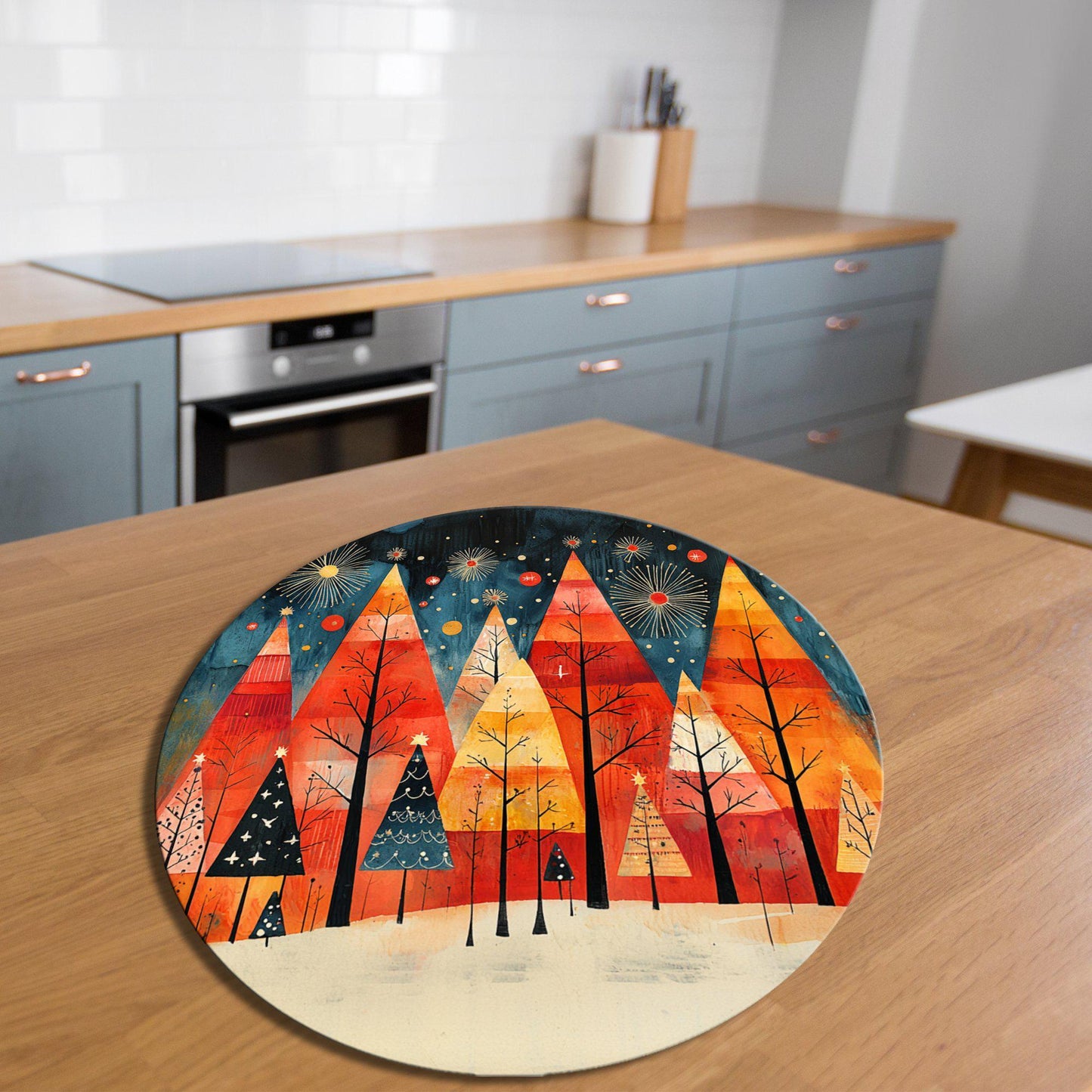 Scandinavian Christmas Trees Glass Cutting Board 8-inch Round Trivet Charcuterie Board Gift for Her Mom Kitchen Decor