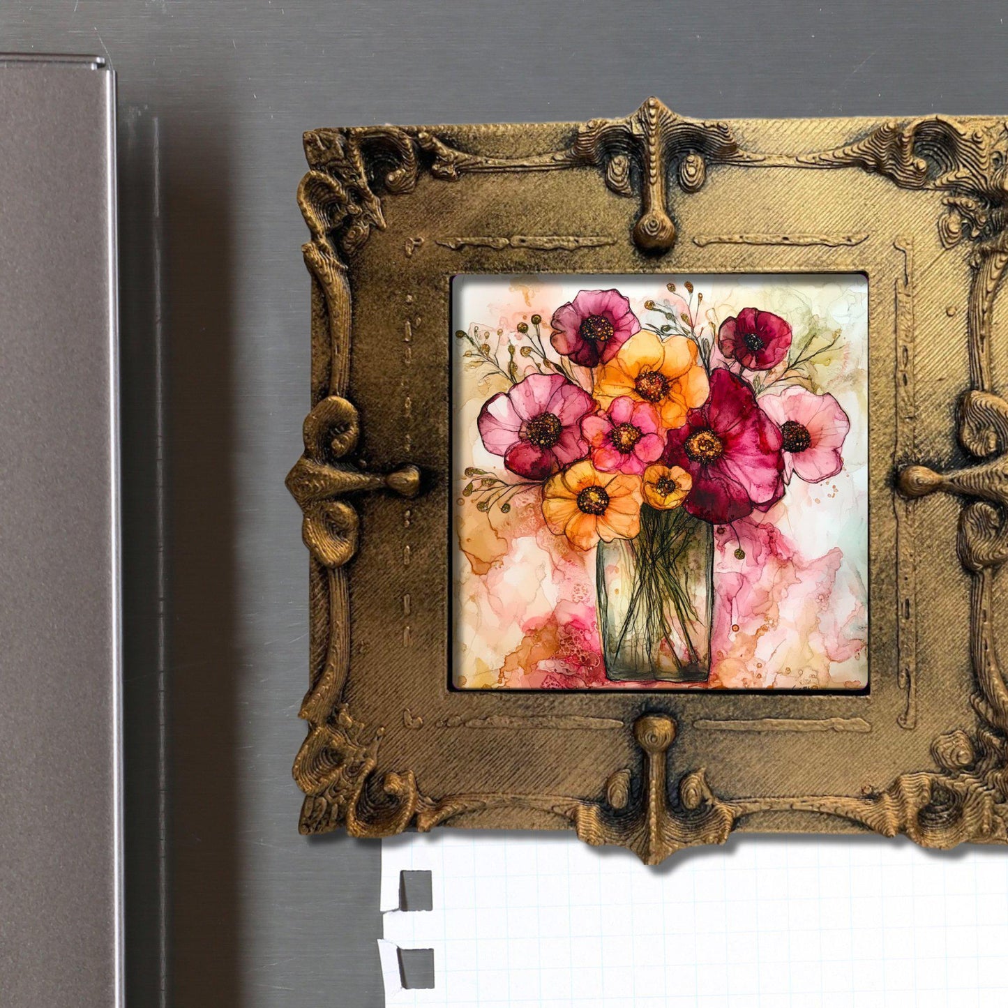 Flowers in a Vase Gold Framed Refrigerator Magnet, Mini Art, Grand Millennial Style, Artful Kitchen Decor, Gift for Her fridgescaping