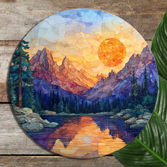 Rocky Mountain Sunrise Glass Cutting Board 8-inch Round Trivet Charcuterie Board Gift for Her Mom Kitchen Decor