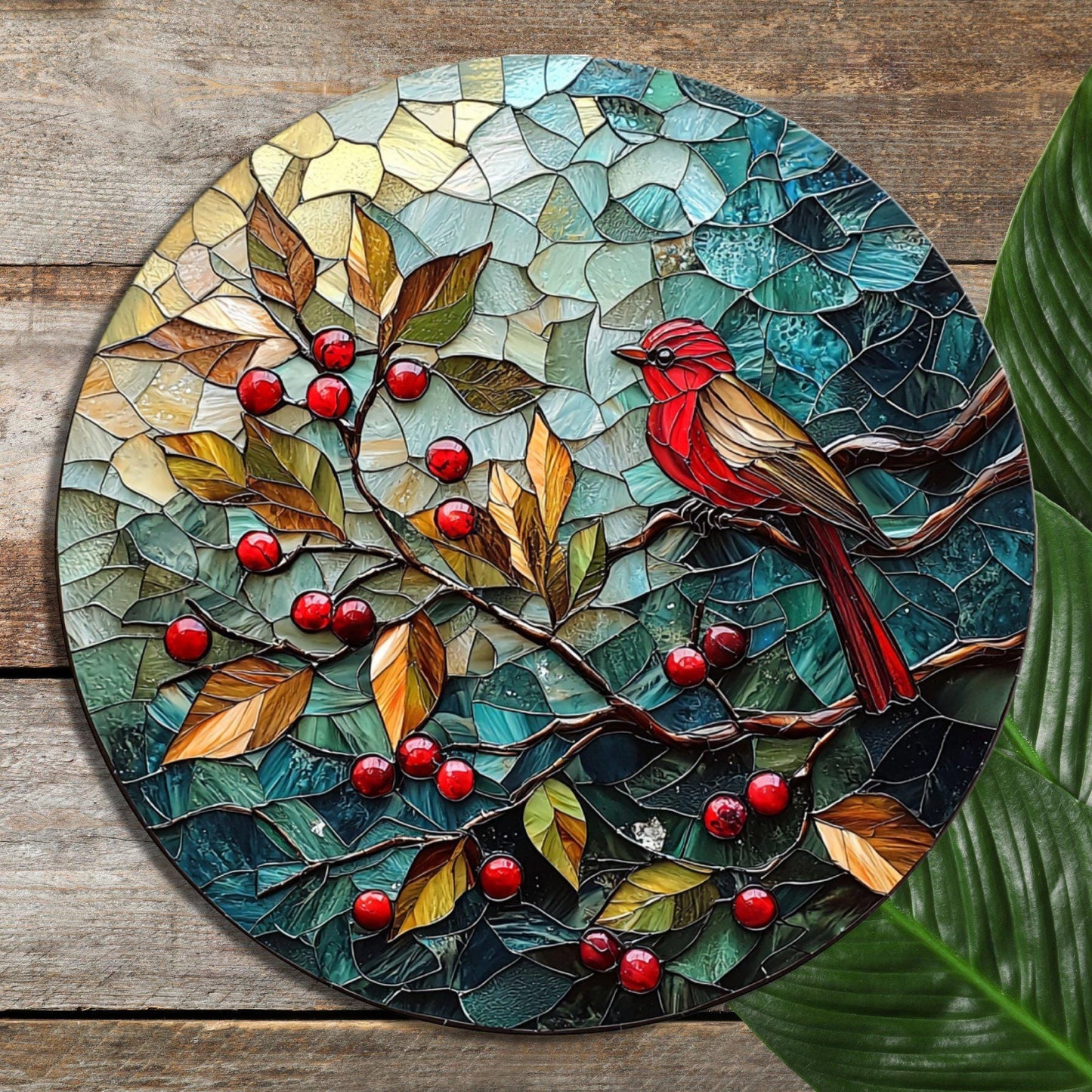 Red Bird Winter Glass Cutting Board 8-inch Round Trivet Charcuterie Board Gift for Her Mom Kitchen Decor