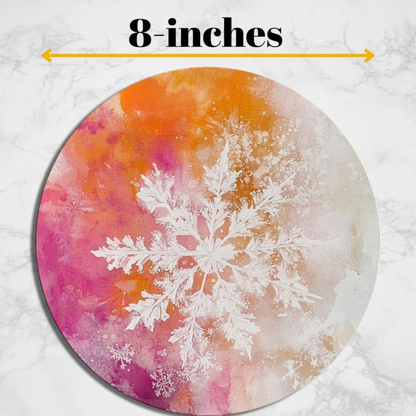 Snowflake on Orange and Pink Glass Cutting Board 8-inch Round Trivet Charcuterie Board Gift for Her Mom Kitchen Decor