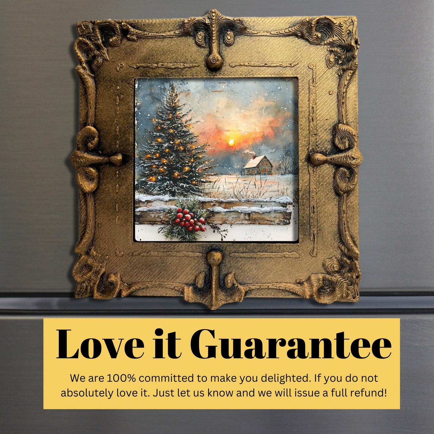 Rustic Farmhouse Christmas Tiny Art Fridge Magnet Gold Framed Fridgescaping Art Picture Gallery Tiny Art Gift for Her Wife Mom