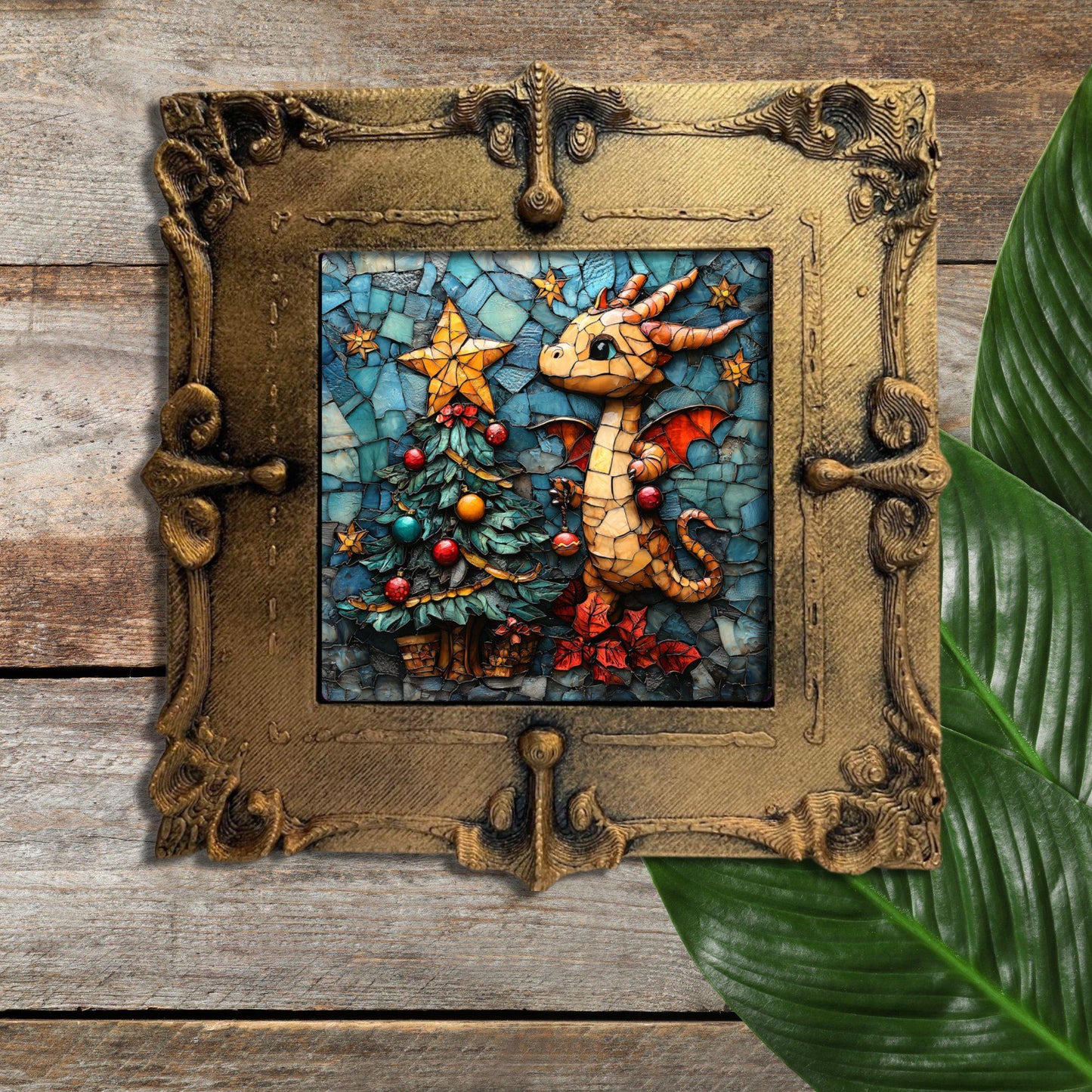 Dragon Christmas Tree Tiny Art Fridge Magnet Gold Framed Fridgescaping Art Picture Gallery Tiny Art Gift for Her Wife Mom