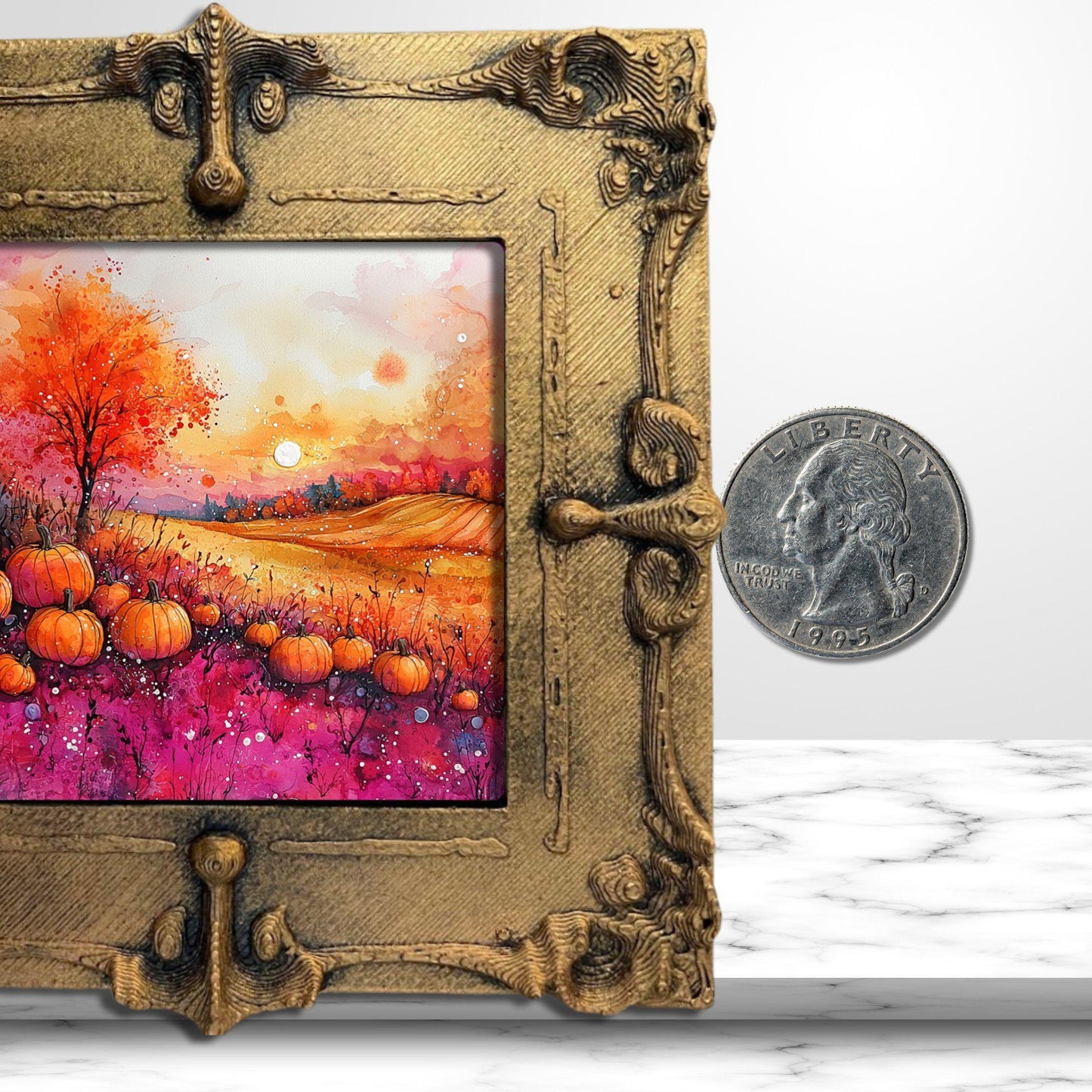 Pumpkins Pink and Orange Gold Framed Refrigerator Magnet, Mini Art, Grand Millennial Style, Artful Kitchen Decor, Gift for Her fridgescaping