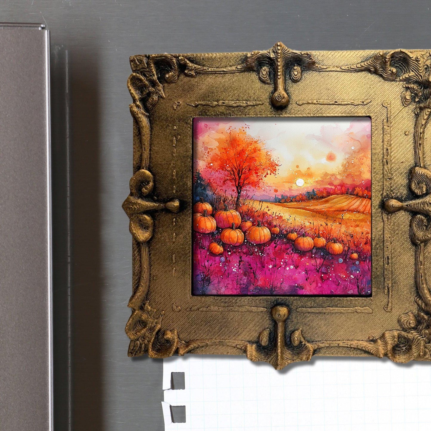 Pumpkins Pink and Orange Gold Framed Refrigerator Magnet, Mini Art, Grand Millennial Style, Artful Kitchen Decor, Gift for Her fridgescaping