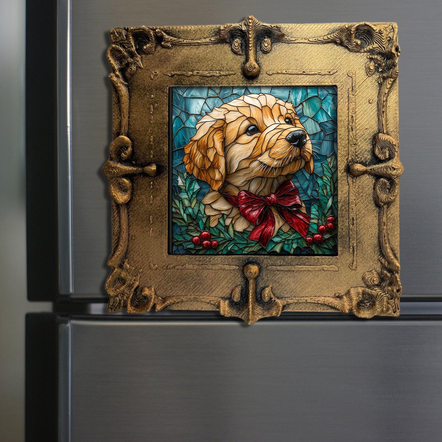 Cute Puppy Christmas Present Tiny Art Fridge Magnet Gold Framed Fridgescaping Art Picture Gallery Tiny Art Gift for Her Wife Mom