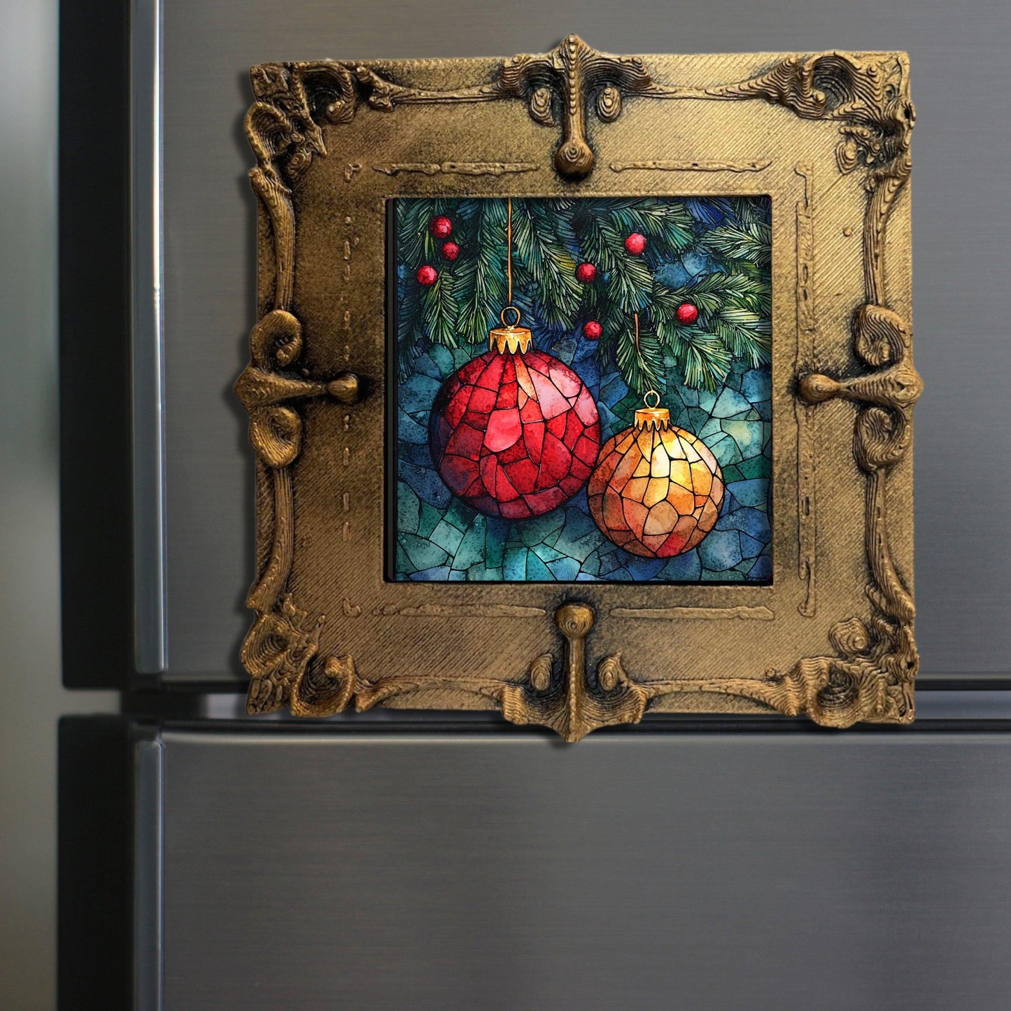 Christmas Ornaments Tiny Art Fridge Magnet Gold Framed Fridgescaping Art Picture Gallery Tiny Art Gift for Her Wife Mom