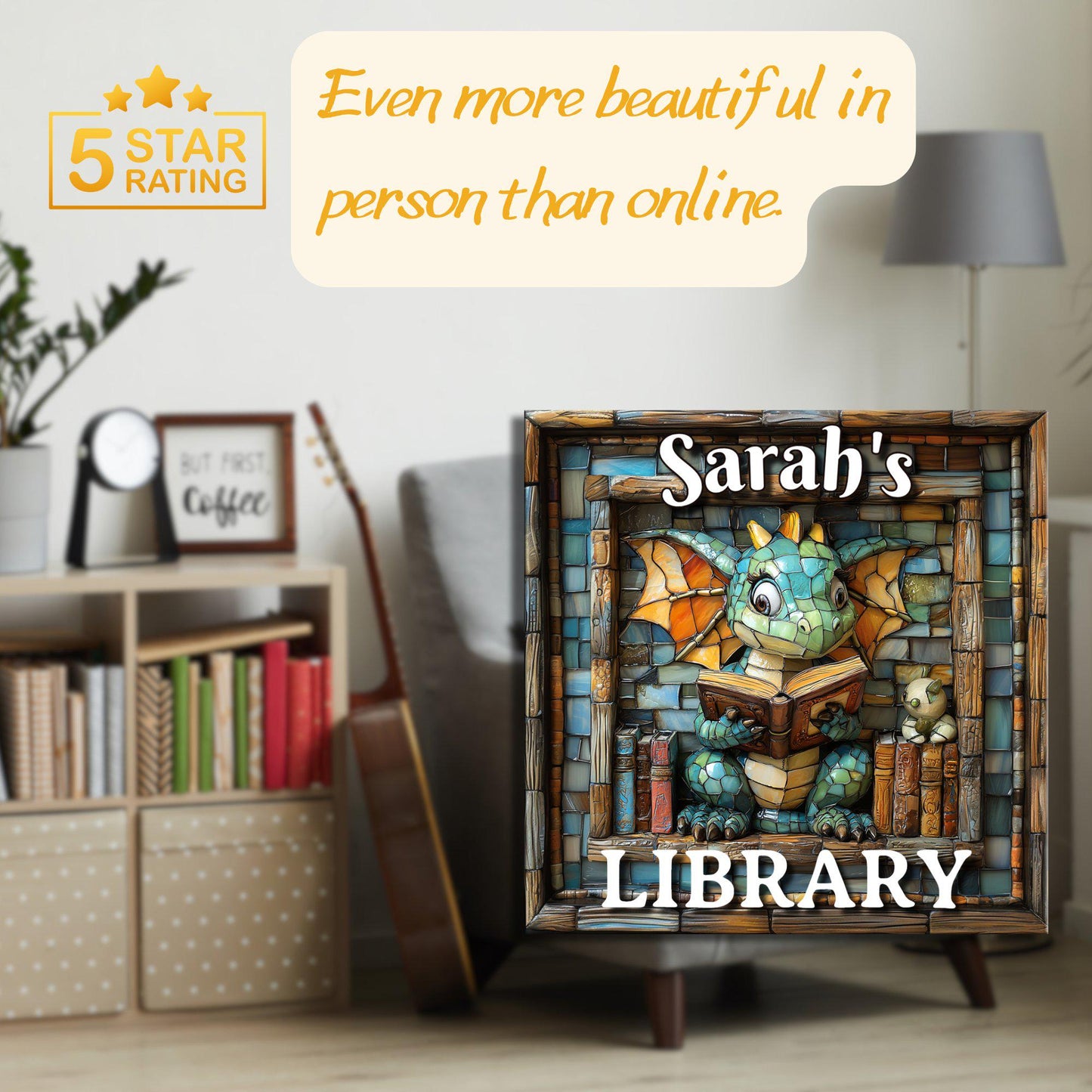 Dragon Reading Personalized Library Sign Book Lover Bookworm Biblio Gift Book Nook Shelf Decor Booktoker-Gift for Bookish