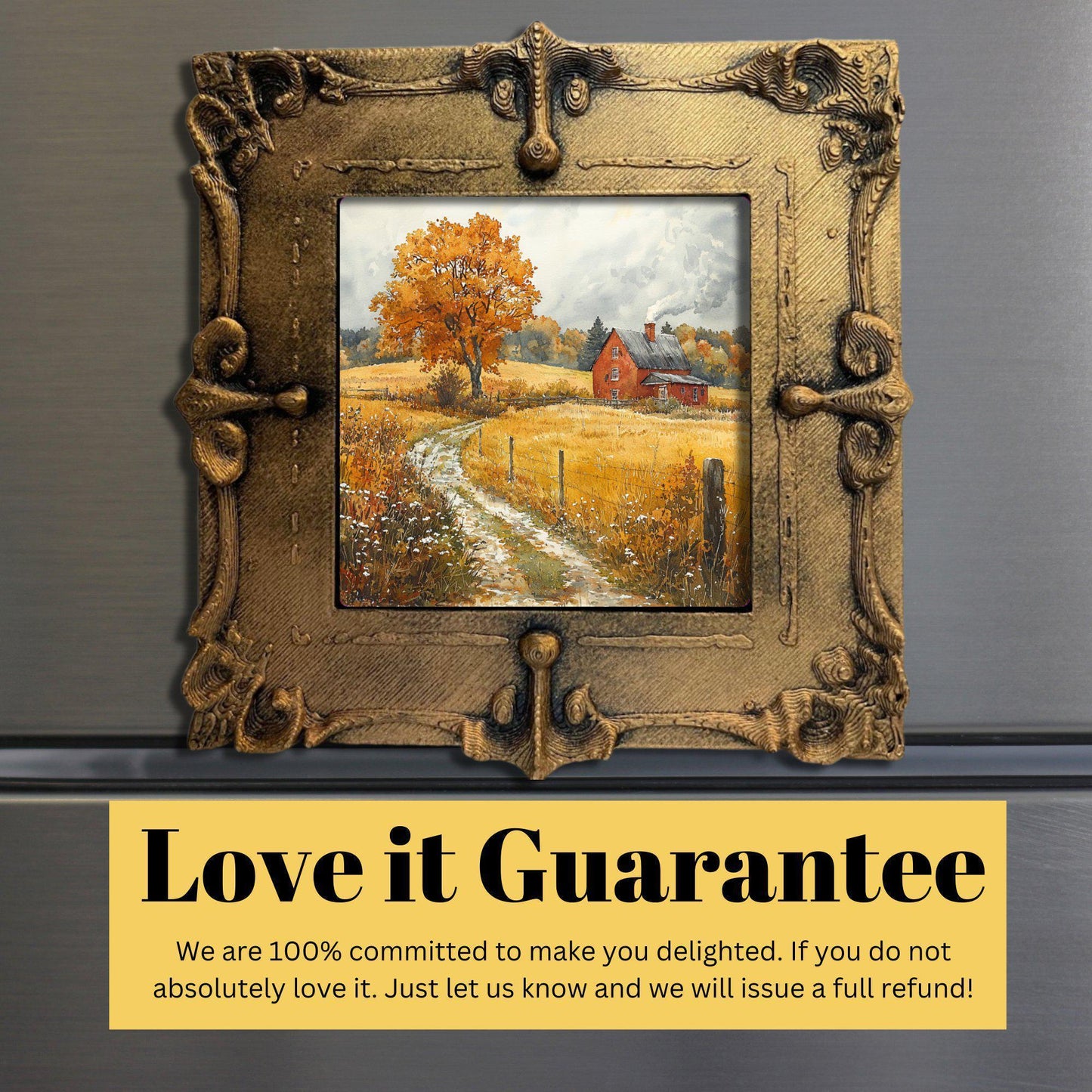 Rainy Autumn Farm Gold Framed Refrigerator Magnet, Mini Art, Grand Millennial Style, Artful Kitchen Decor, Gift for Her fridgescaping