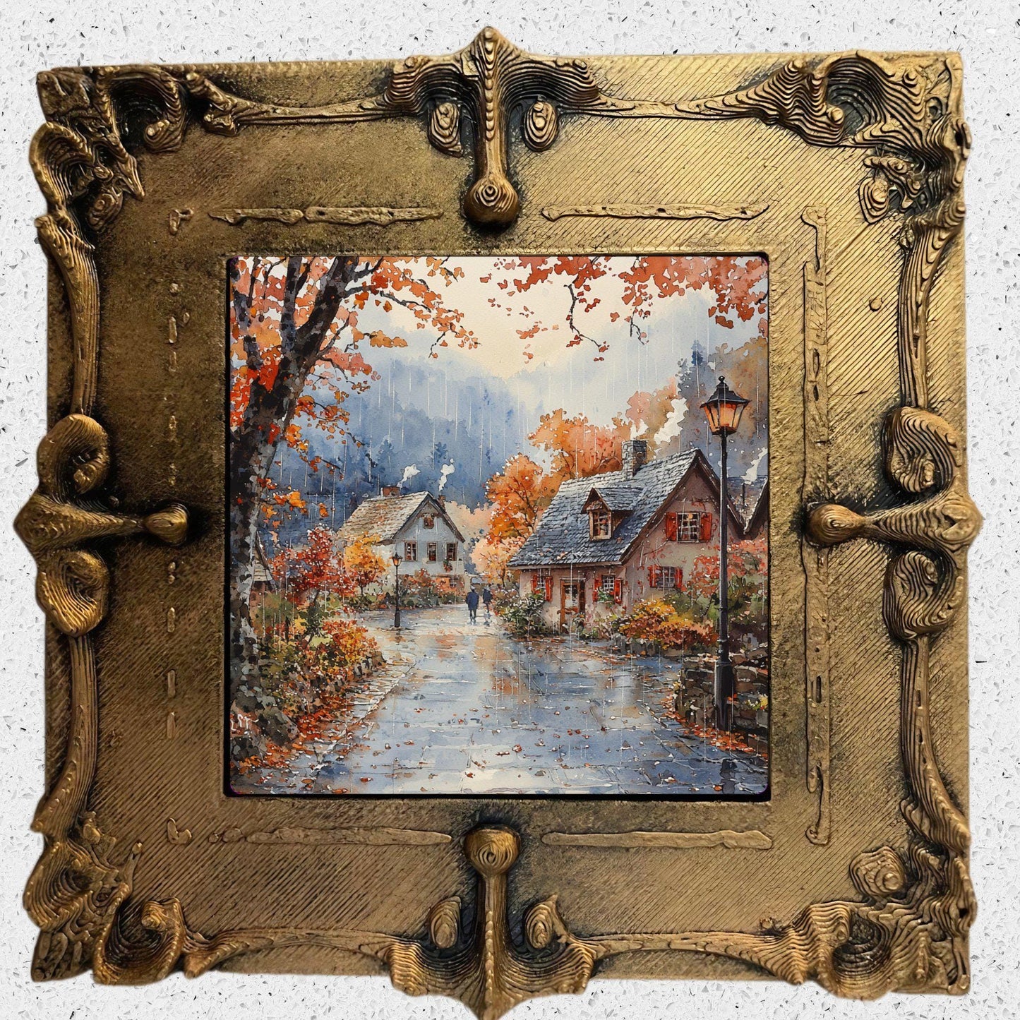 Rainy Autumn Village Gold Framed Refrigerator Magnet, Mini Art, Grand Millennial Style, Artful Kitchen Decor, Gift for Her fridgescaping