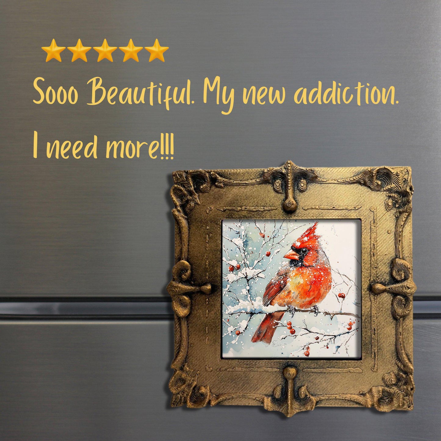 Wintery Cardinal Scene Tiny Art Fridge Magnet Gold Framed Fridgescaping Art Picture Gallery Tiny Art Gift for Her Wife Mom